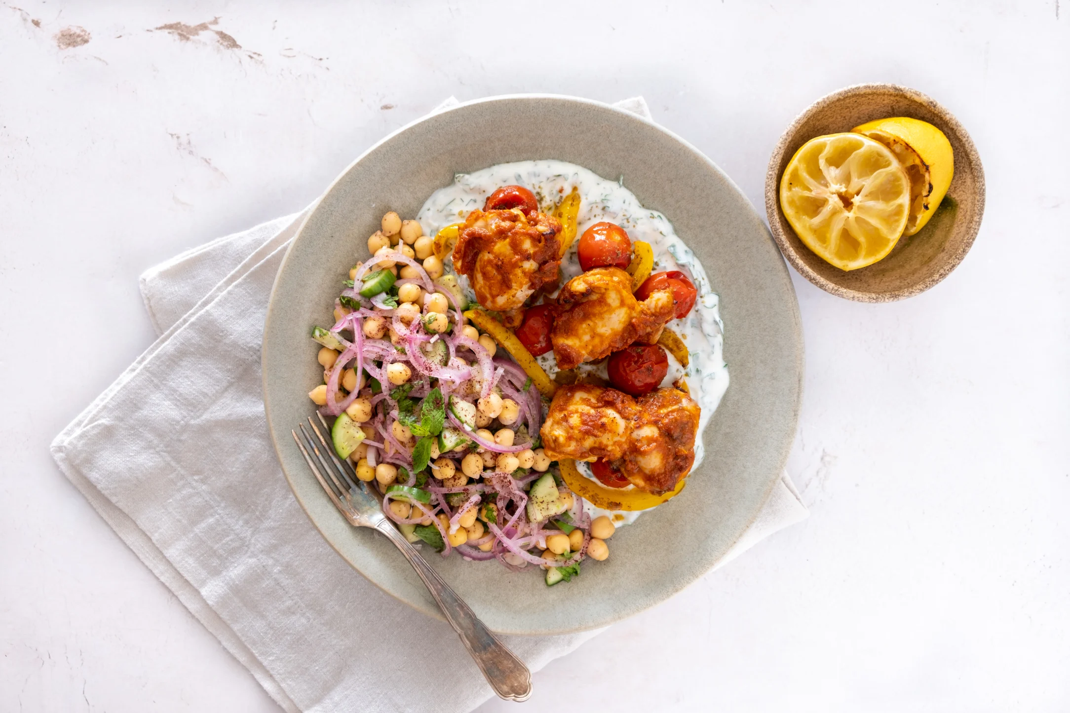 Harissa Roasted Chicken Thighs with Chickpea Salad