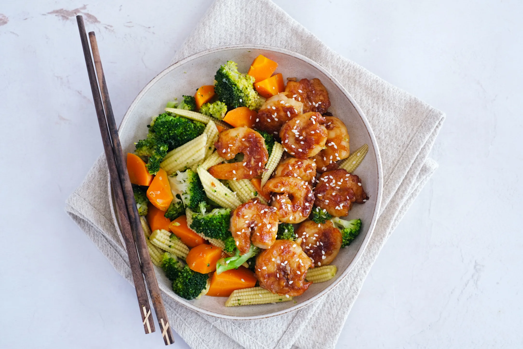 Garlicky Jumbo Prawns with Stir-fried Vegetables