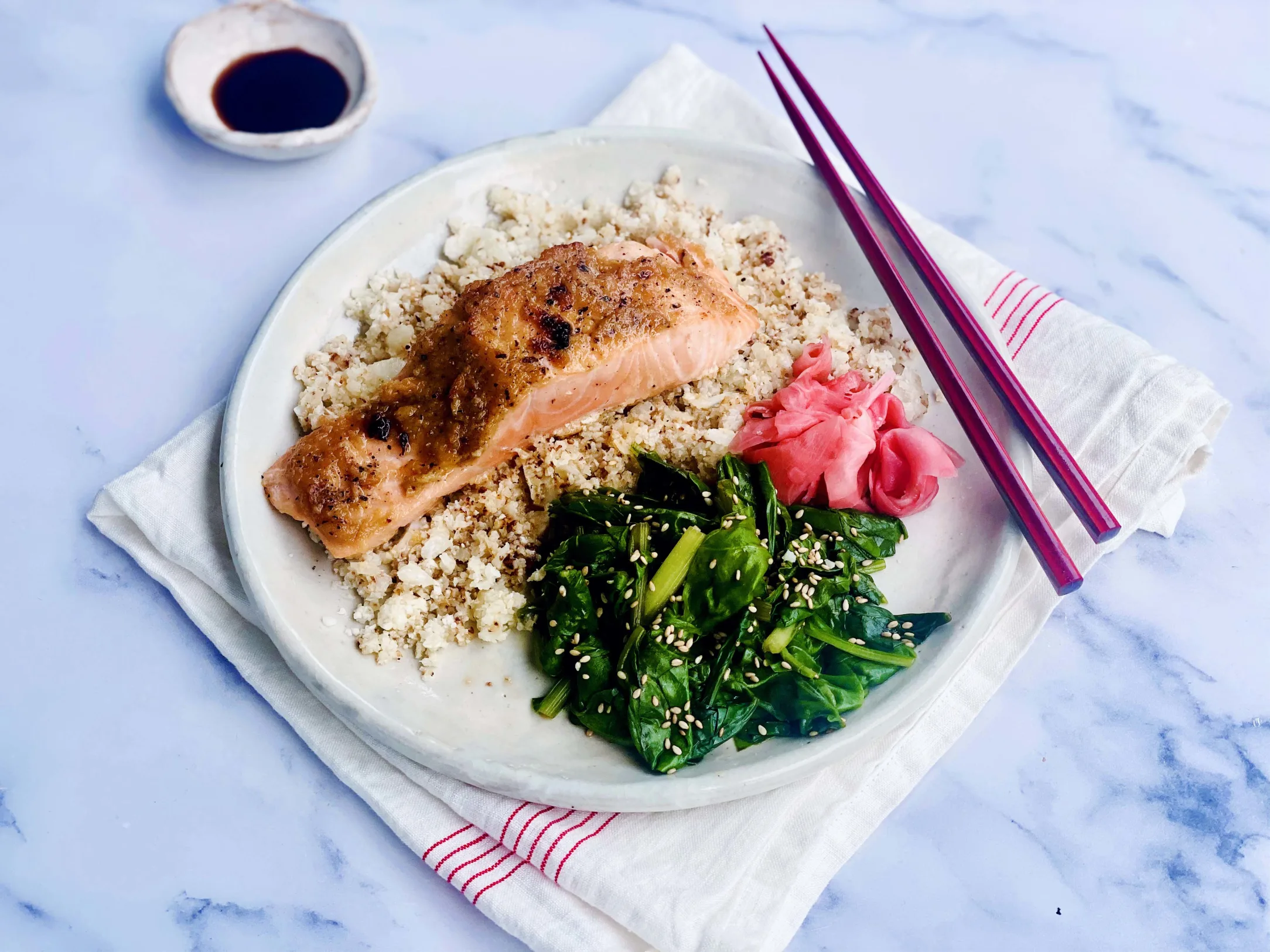 Miso Salmon with Cauliflower Rice and Sesame Spinach
