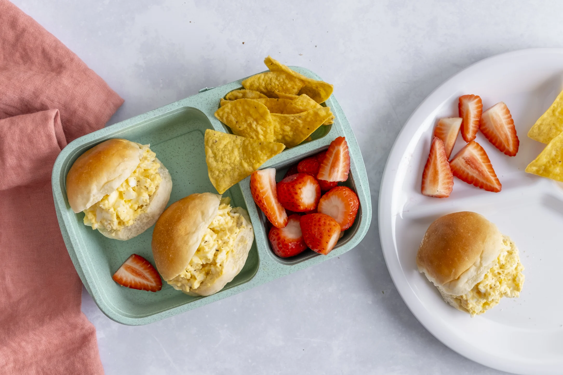 Organic Egg Mayo Sandwich with Fresh Strawberries and Corn Chips