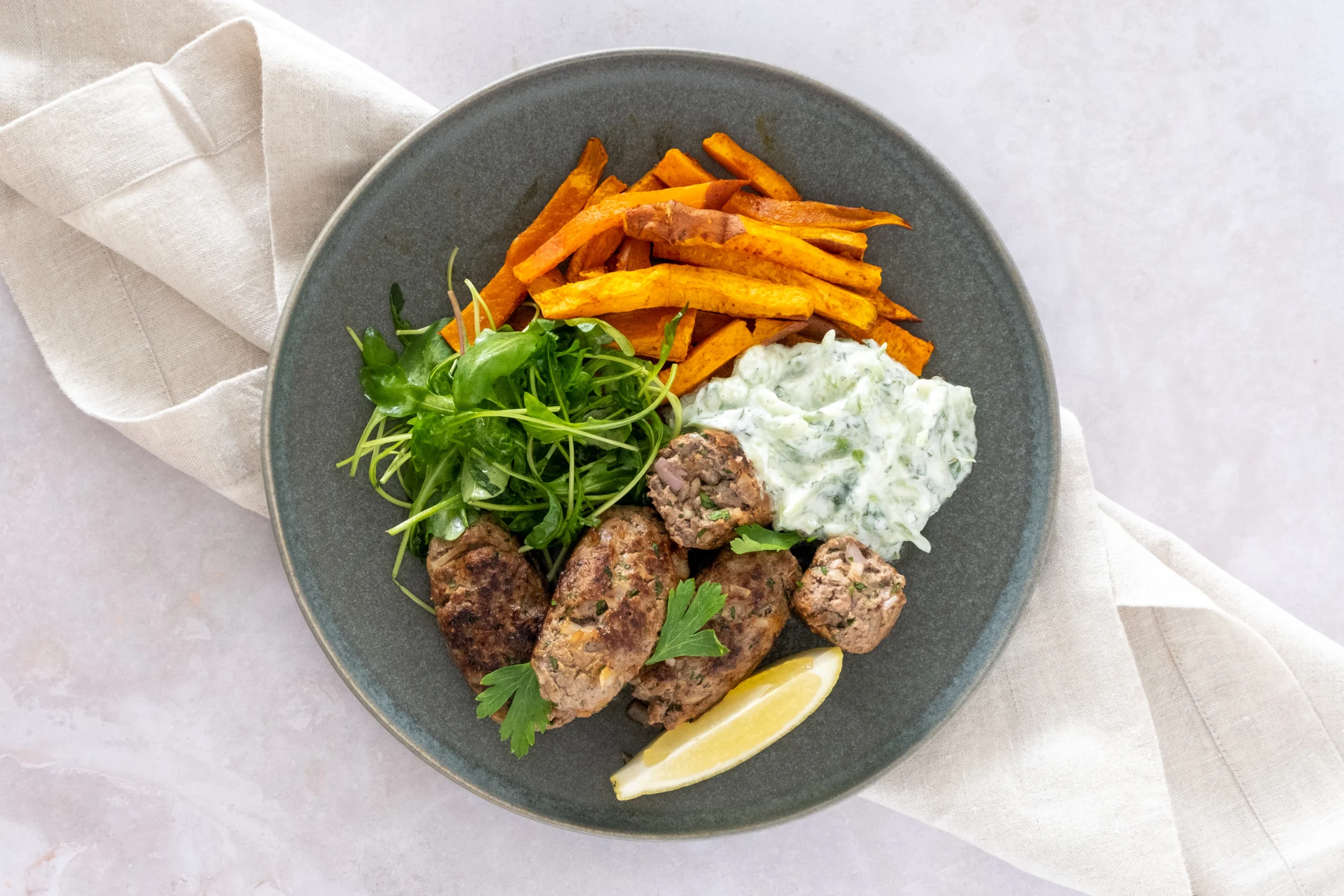 Greek Beef Koftas with Sweet Potato Fries and Tzatziki