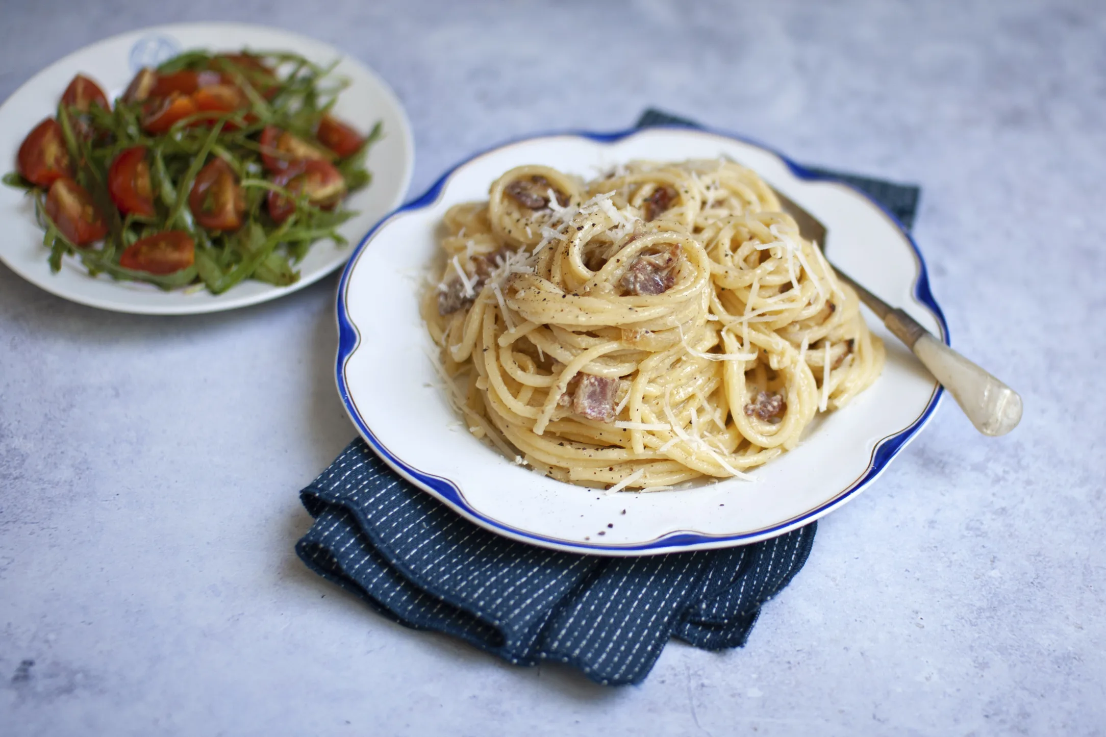 Beef Bacon and Onion Spaghetti Carbonara with Side Salad