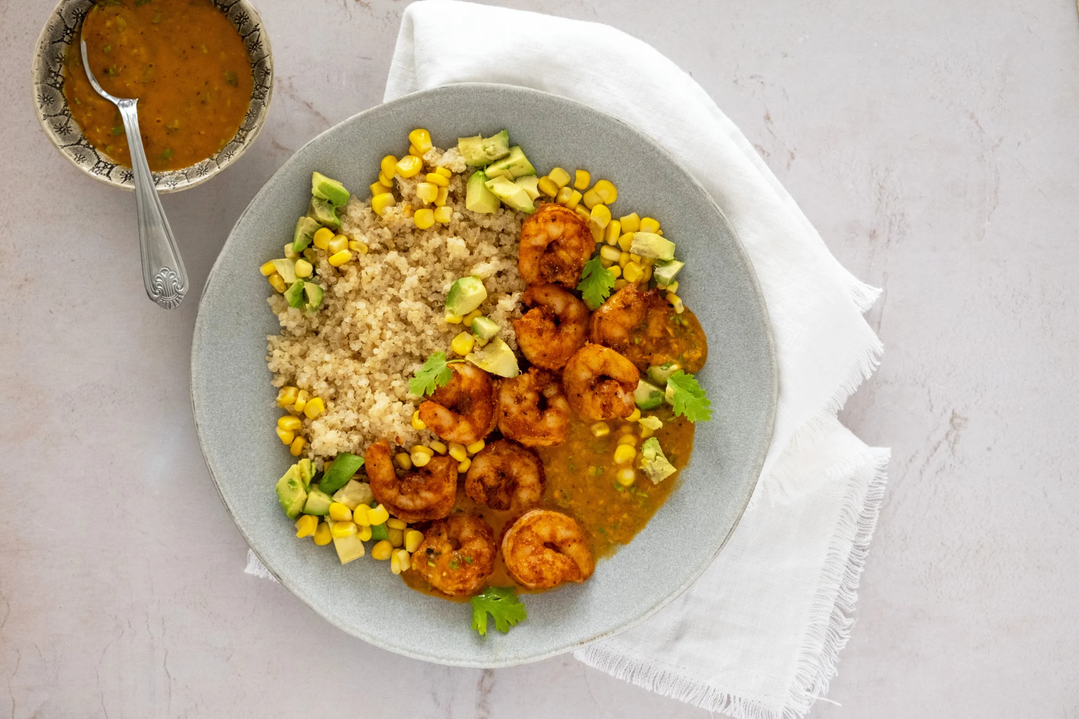 Smoky Prawns with Fiery Roasted Tomato Salsa, Quinoa, Avocado and Corn