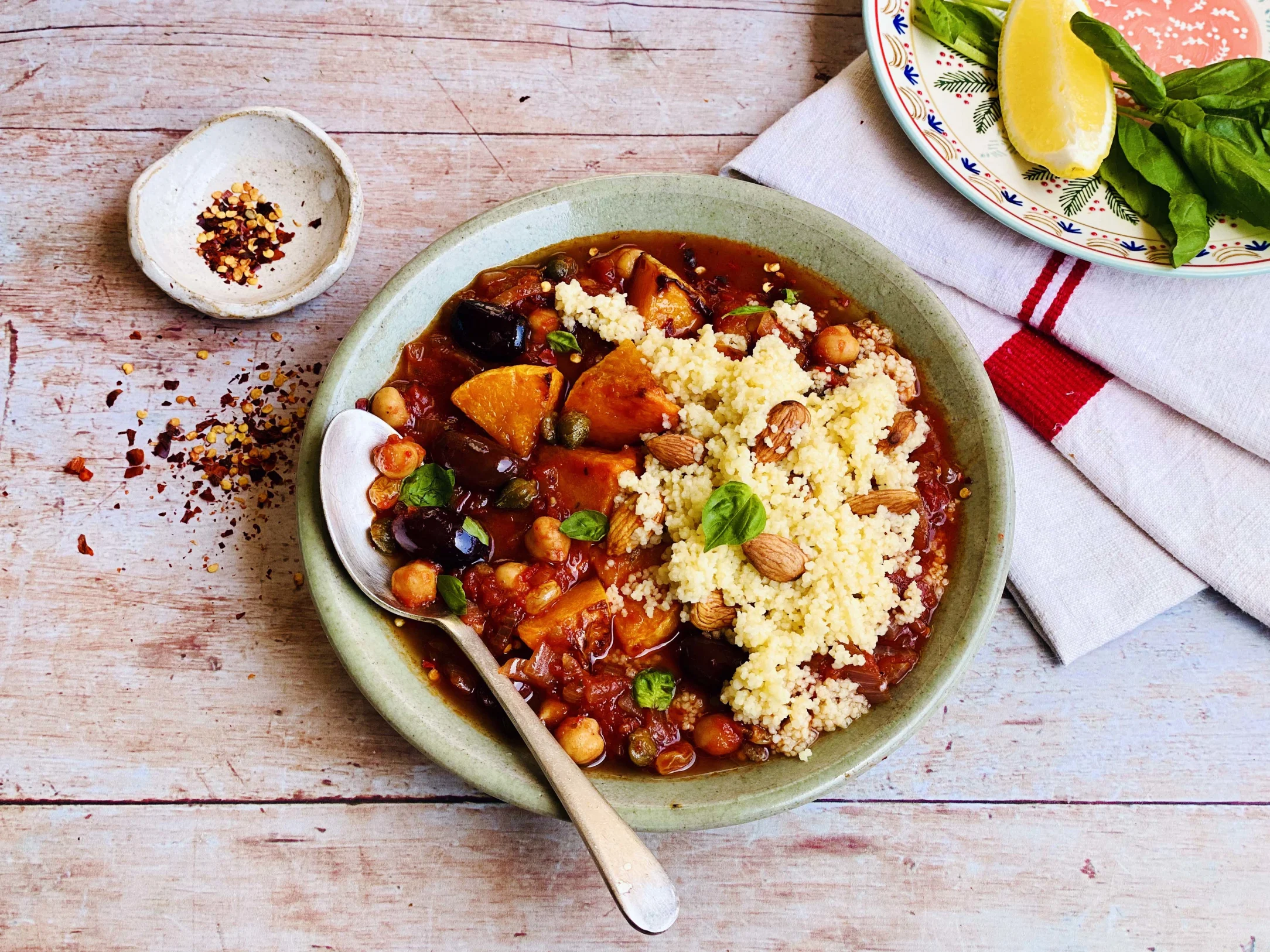 Moroccan Spiced Butternut Squash and Chickpea Stew with Toasted Almond Couscous