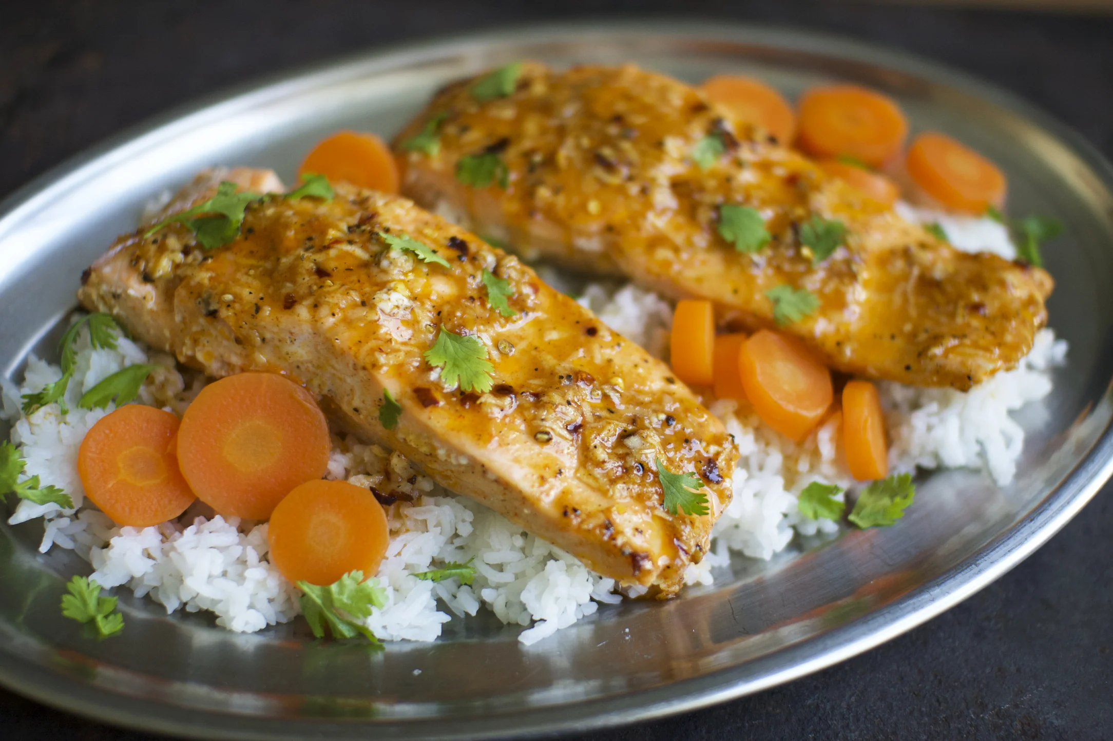 Baked Honey and Garlic Salmon with Carrots and Rice