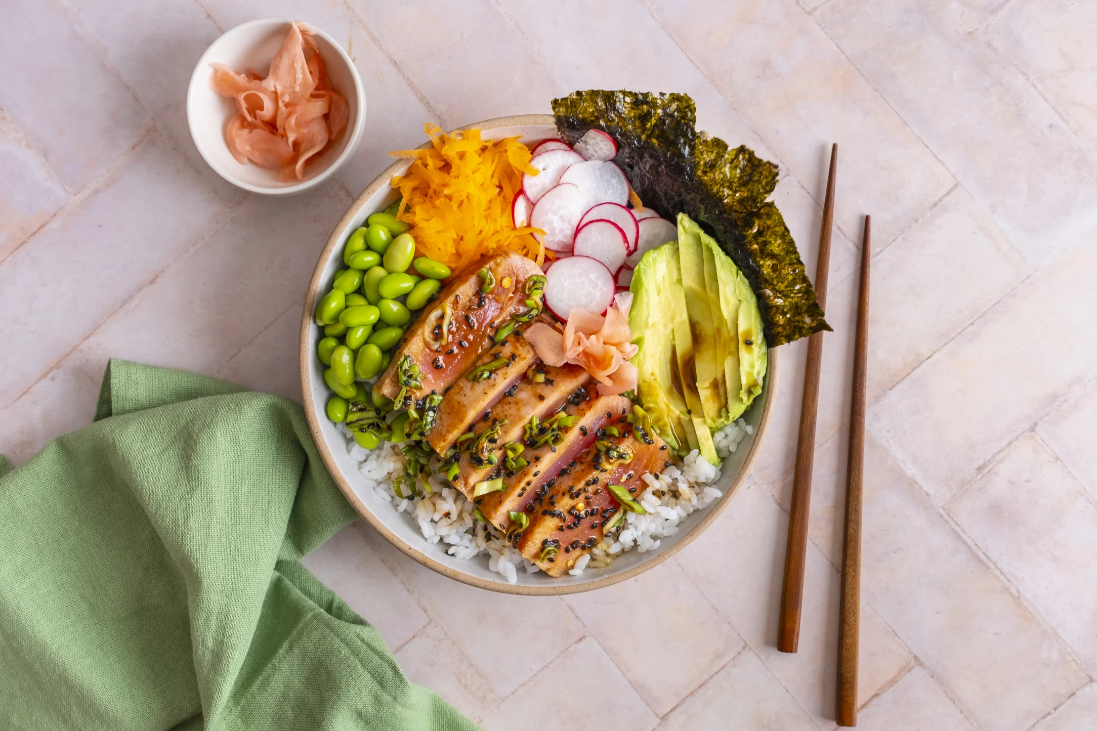 Seared Fresh Tuna Poke Bowl with Sushi Rice and Spicy Soy and Sesame Dressing
