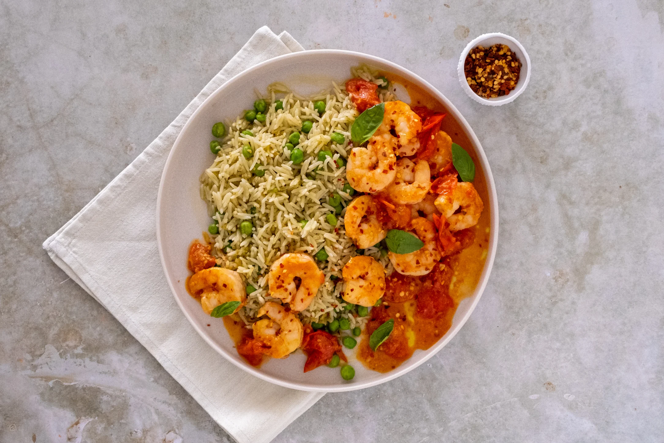 Garlic Chilli Prawns over Pesto Rice