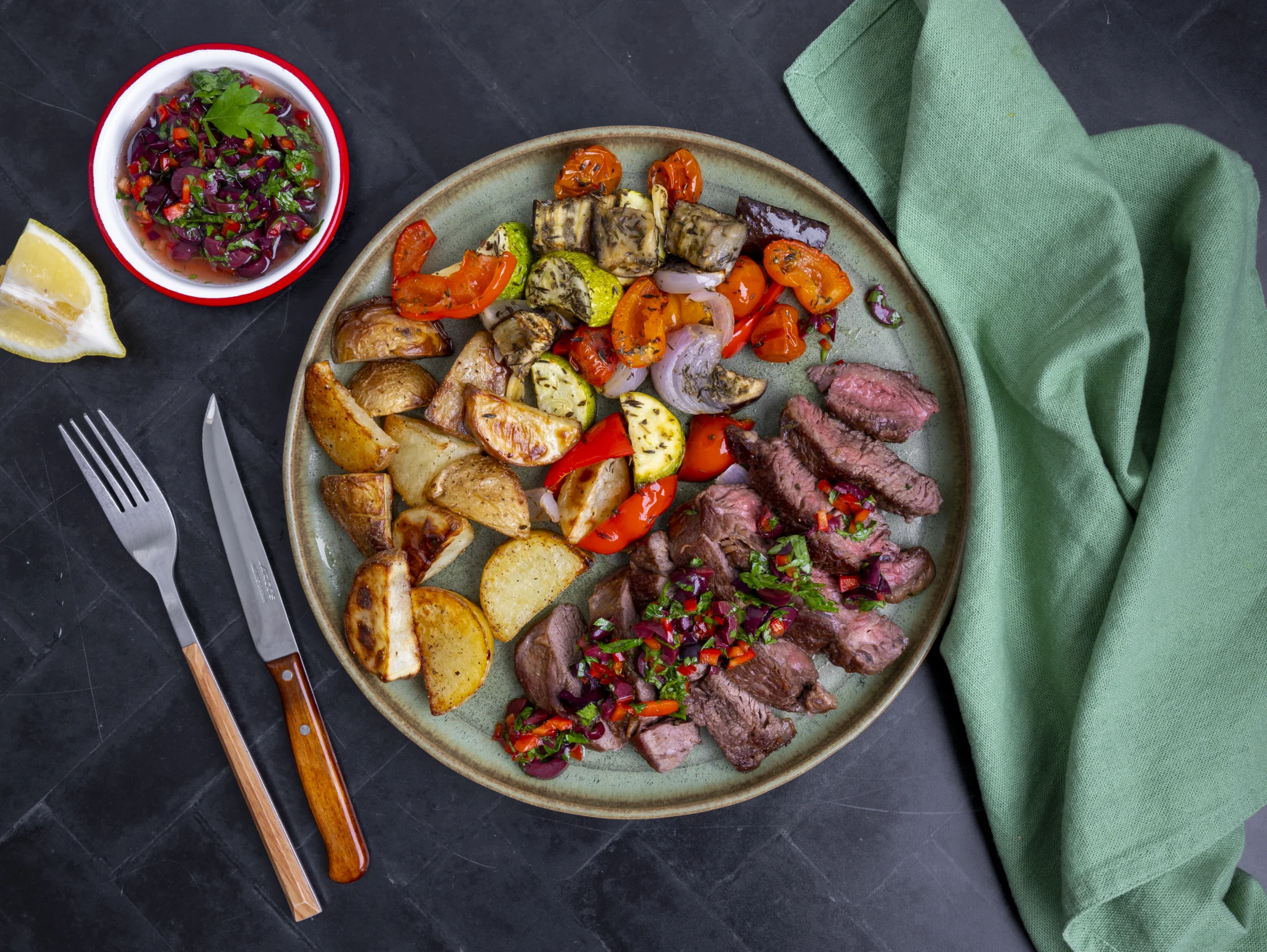 Rib-eye Steak with Greek Veg Medley and Kalamata Olive Salsa