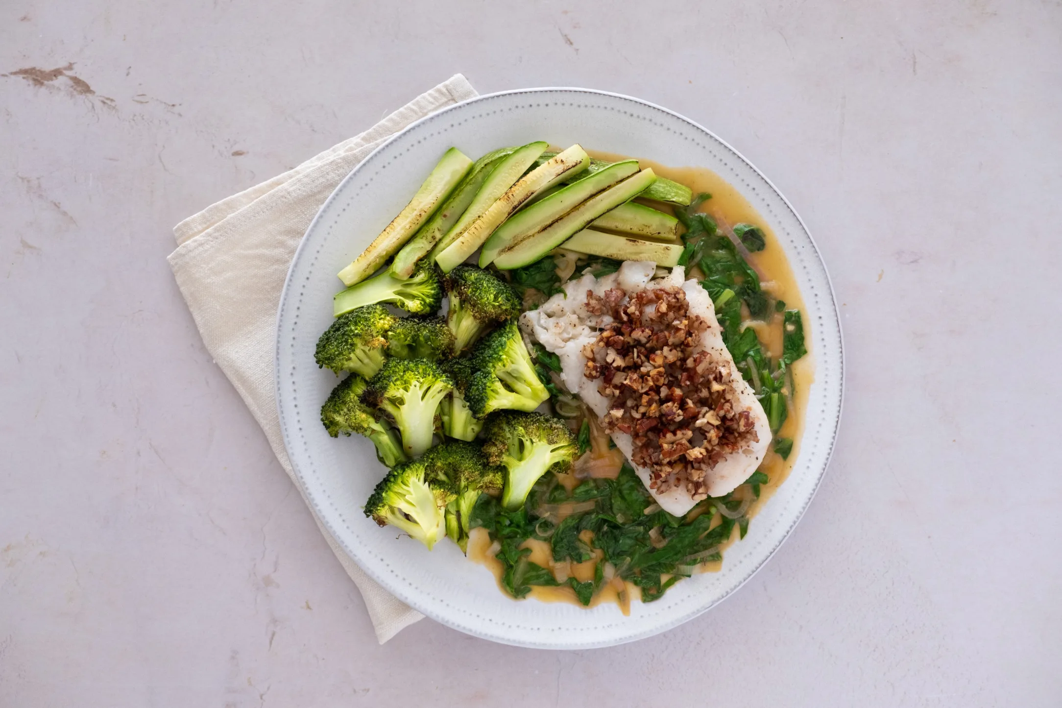 Pecan Crusted Cod with Zucchini, Spinach and Brown Butter Lemon Sauce