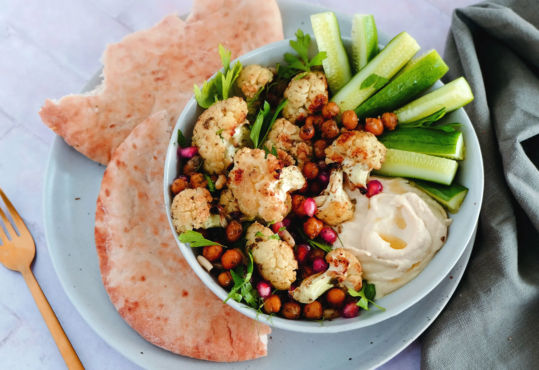 Zaatar Roasted Cauliflower and Chickpeas with Hummus and Arabic Bread