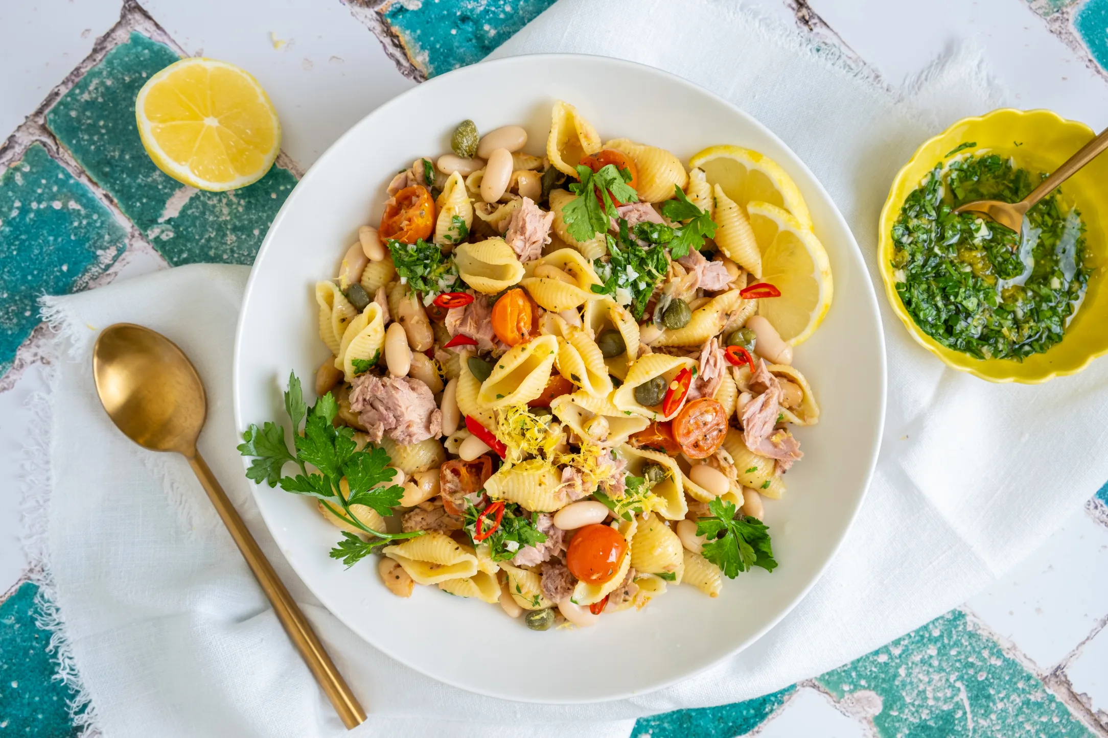 Sicilian Tuna Pasta with Capers, Tomatoes and Beans in Lemon Garlic Sauce