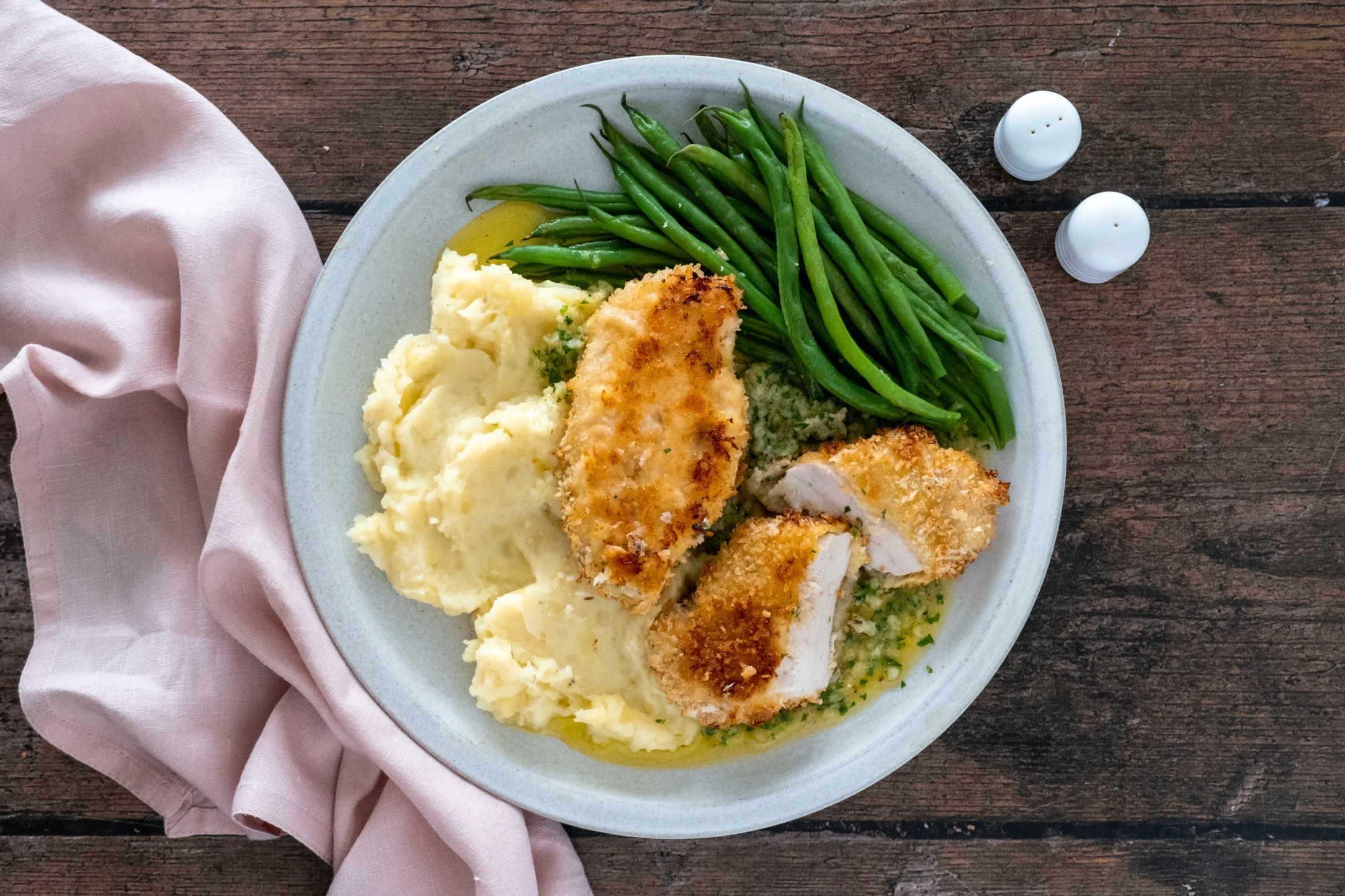 Cheat's Chicken Kiev with Mash and Green Beans
