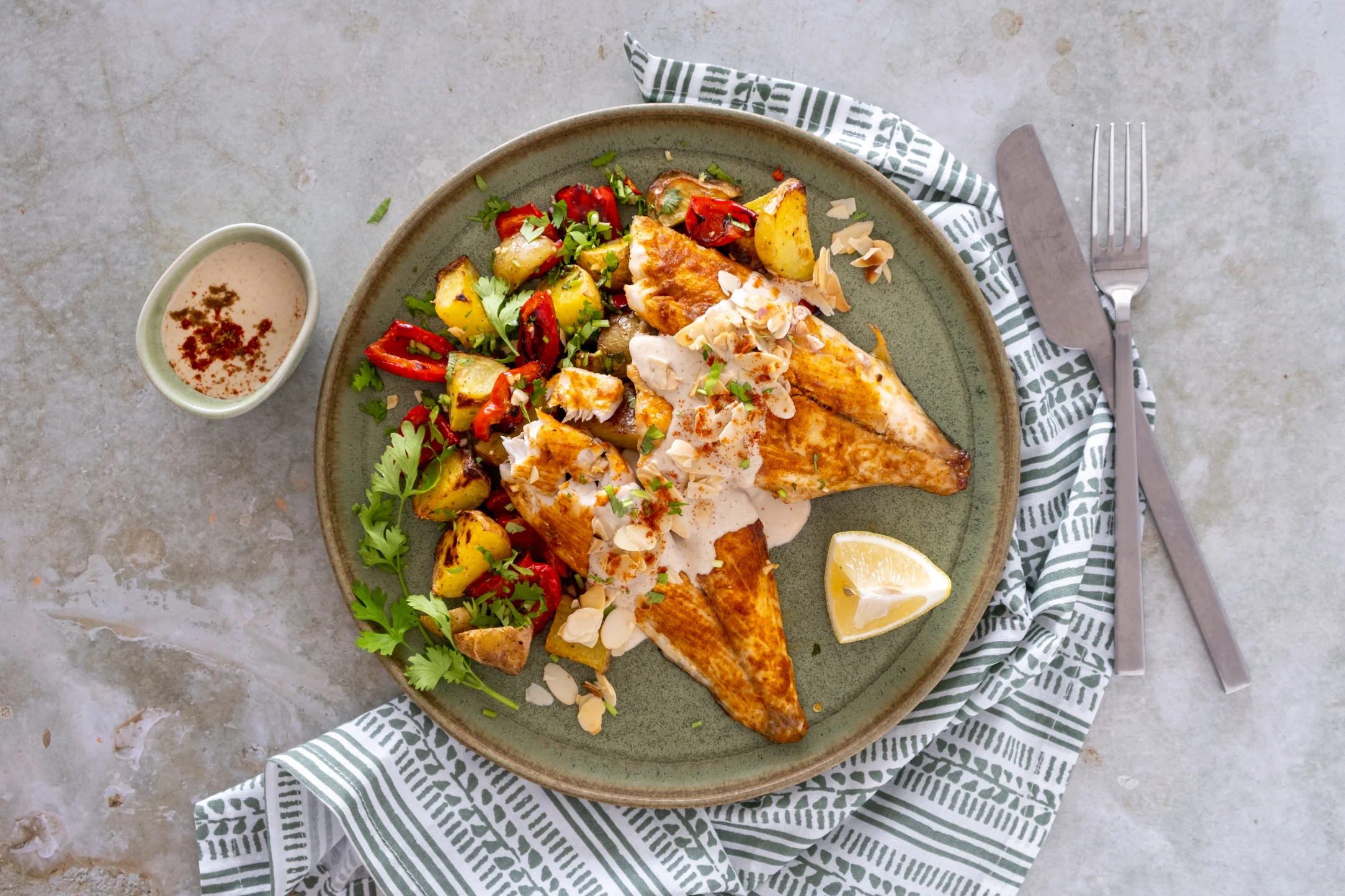 Samke Harra: Spicy Lebanese Seabream with Tahini Sauce and Garlic Potatoes