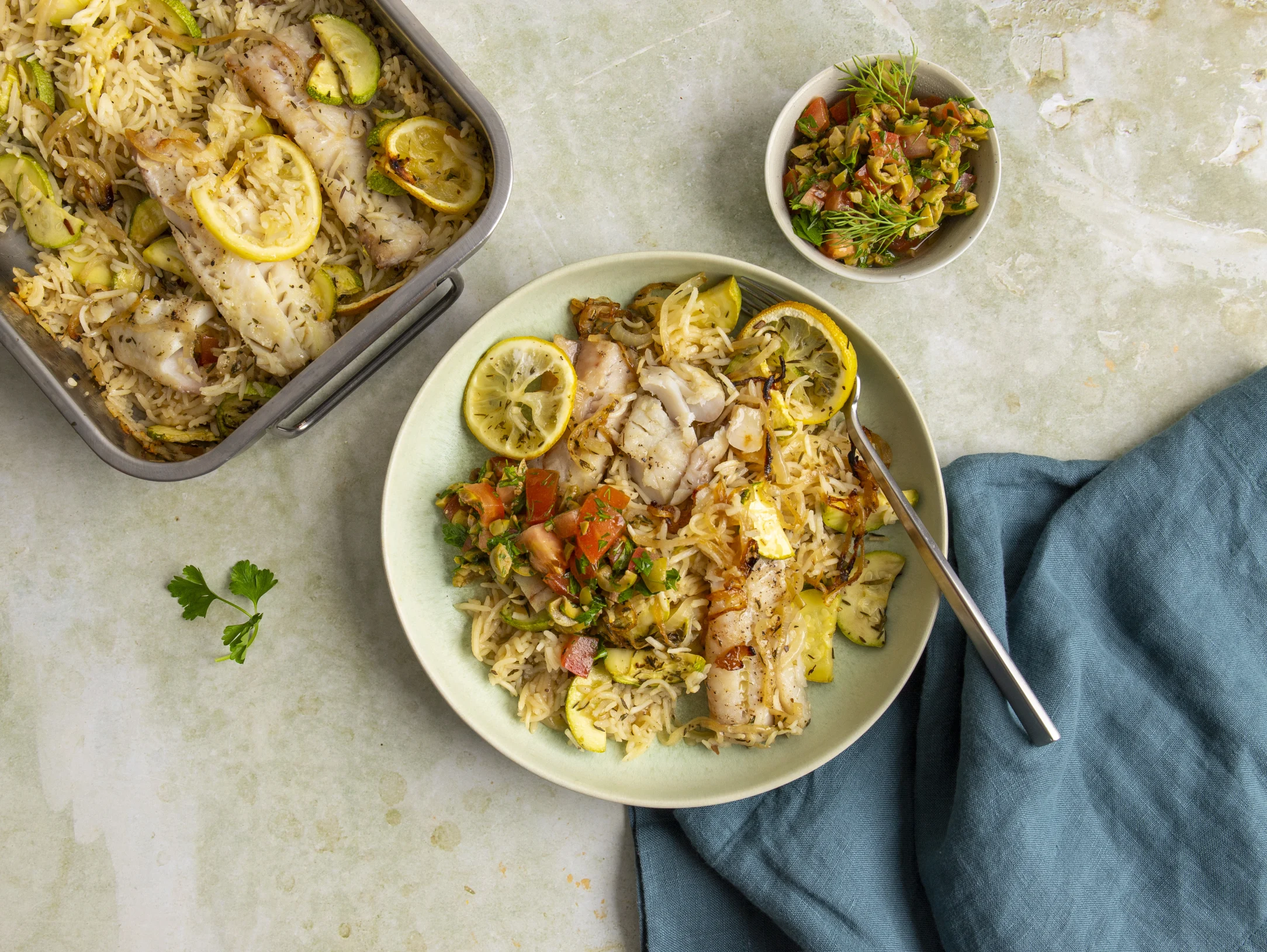 Mediterranean Fish and Rice Bake with Tomato and Olive Salsa