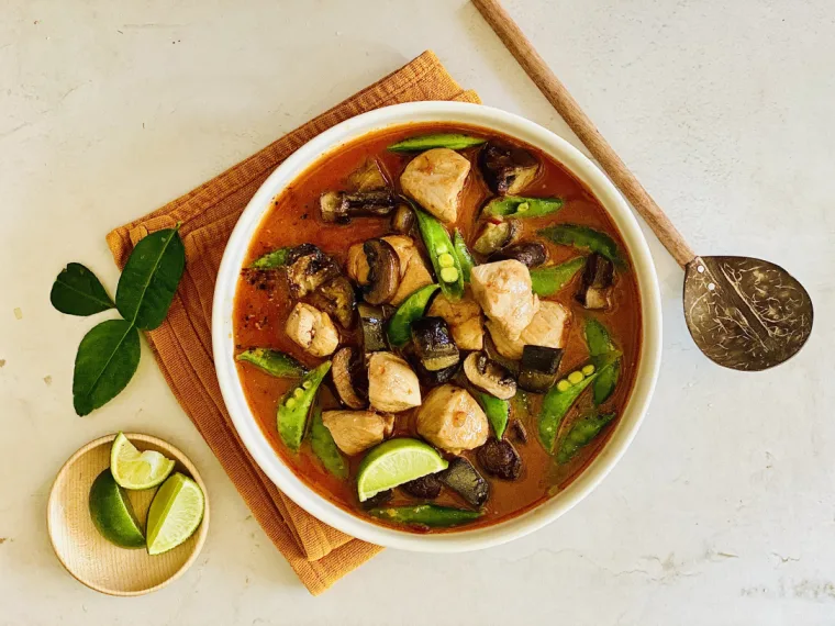 Red Thai Chicken Curry with Eggplant and Mushroom