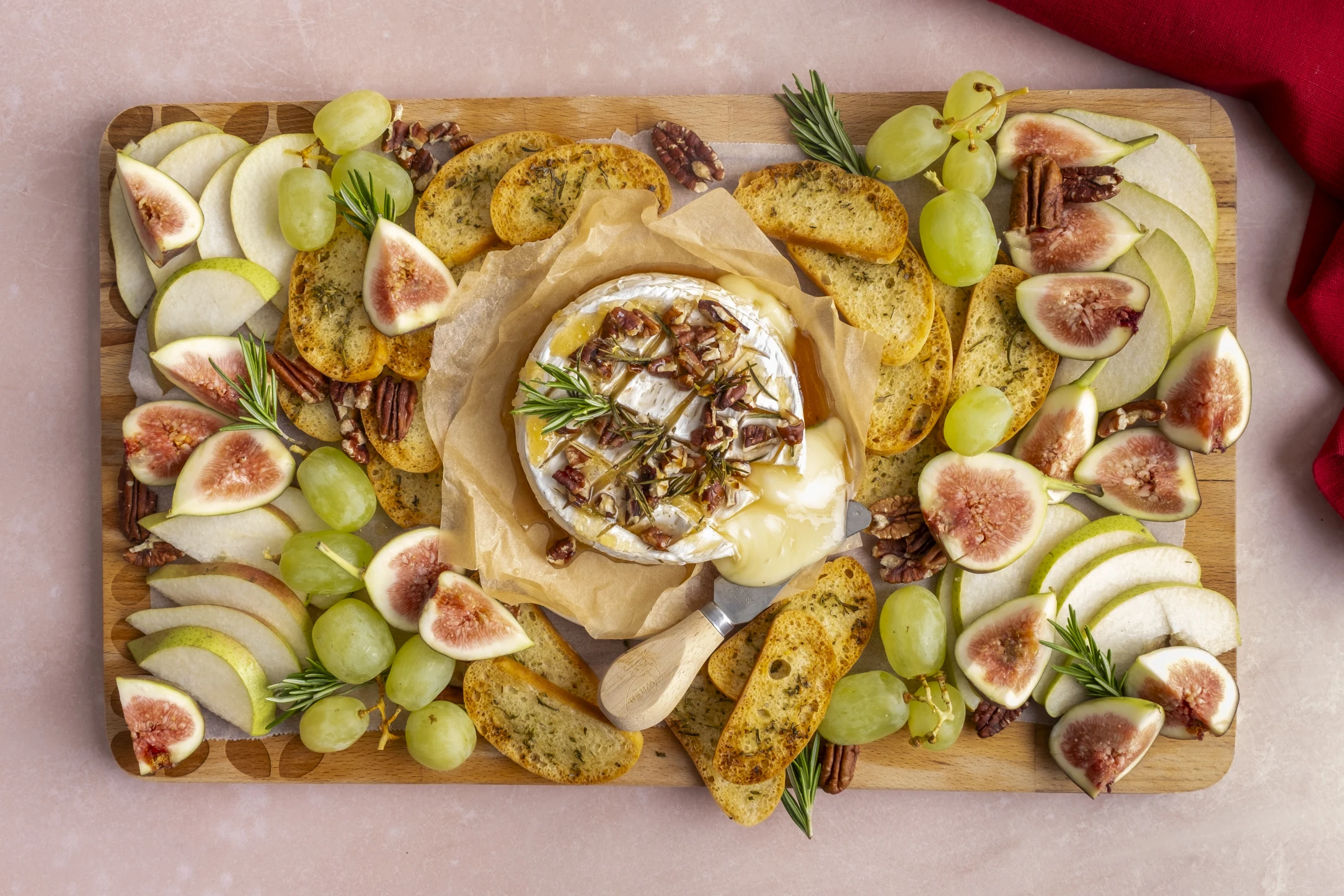 Baked Camembert Cheese with Bread, Honey, and Fresh Fruit