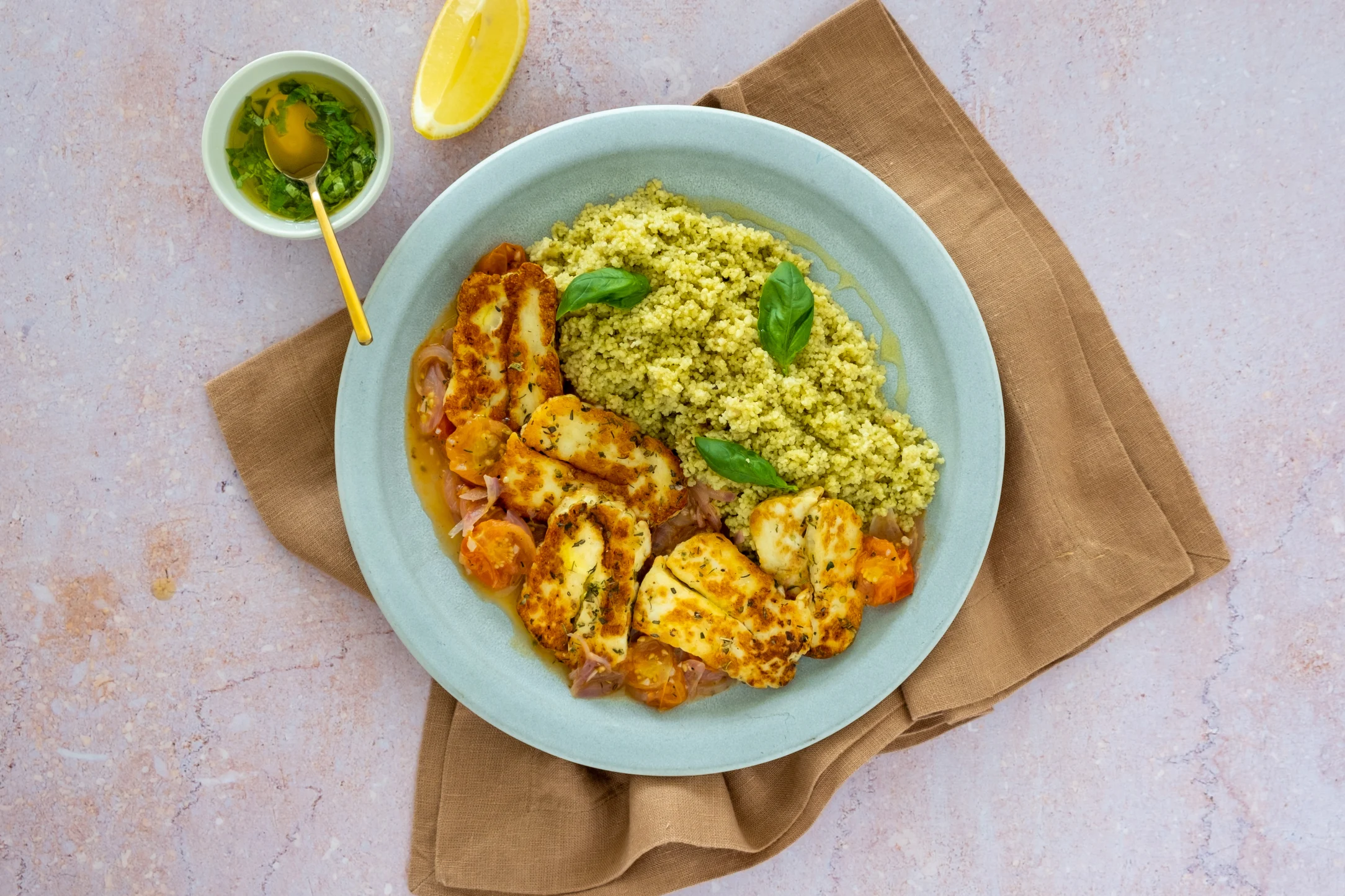 Herbed Halloumi and Pesto Couscous with Lemon Basil Dressing