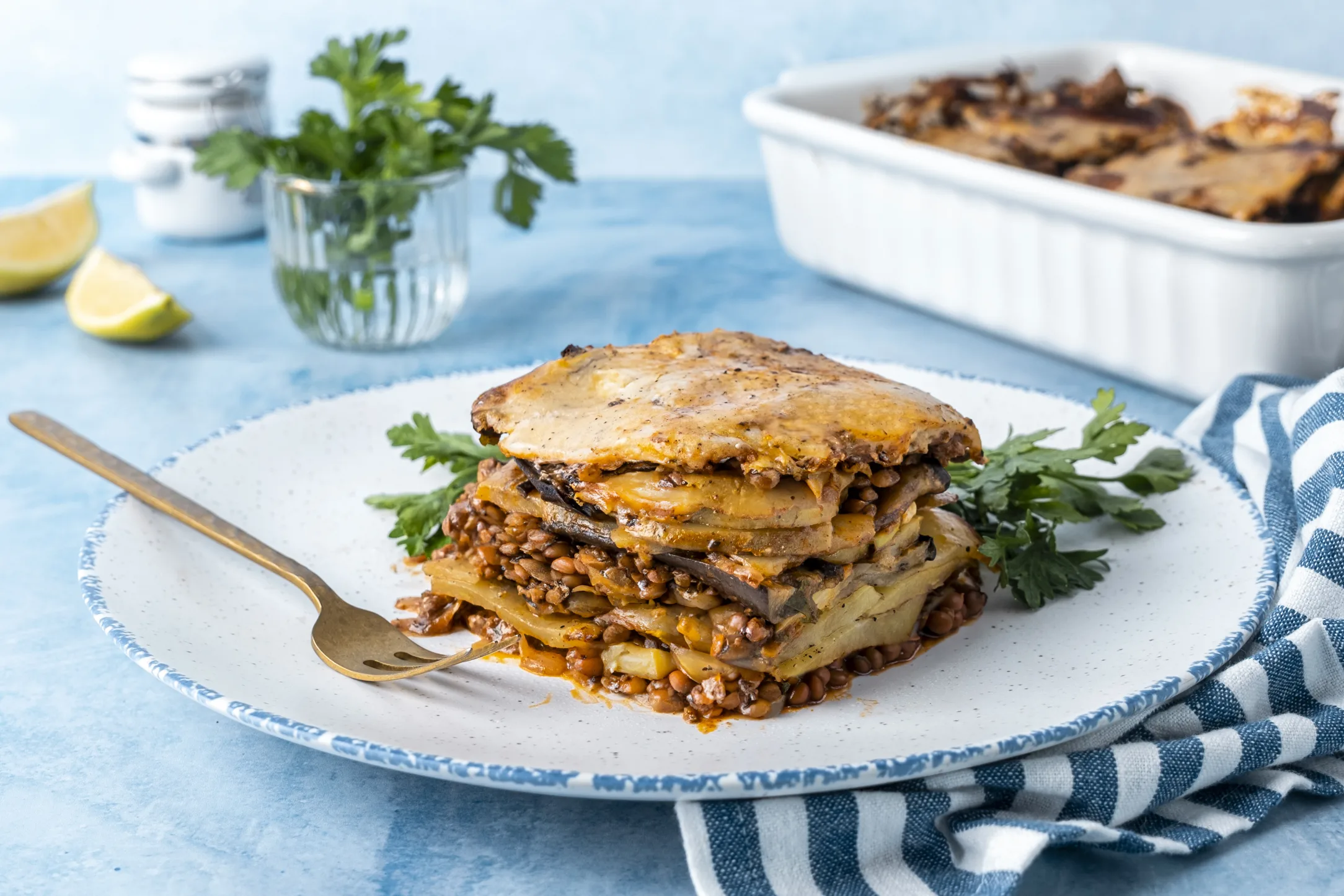 Greek Vegan Lentil Moussaka with Potatoes and Eggplant in Béchamel Sauce