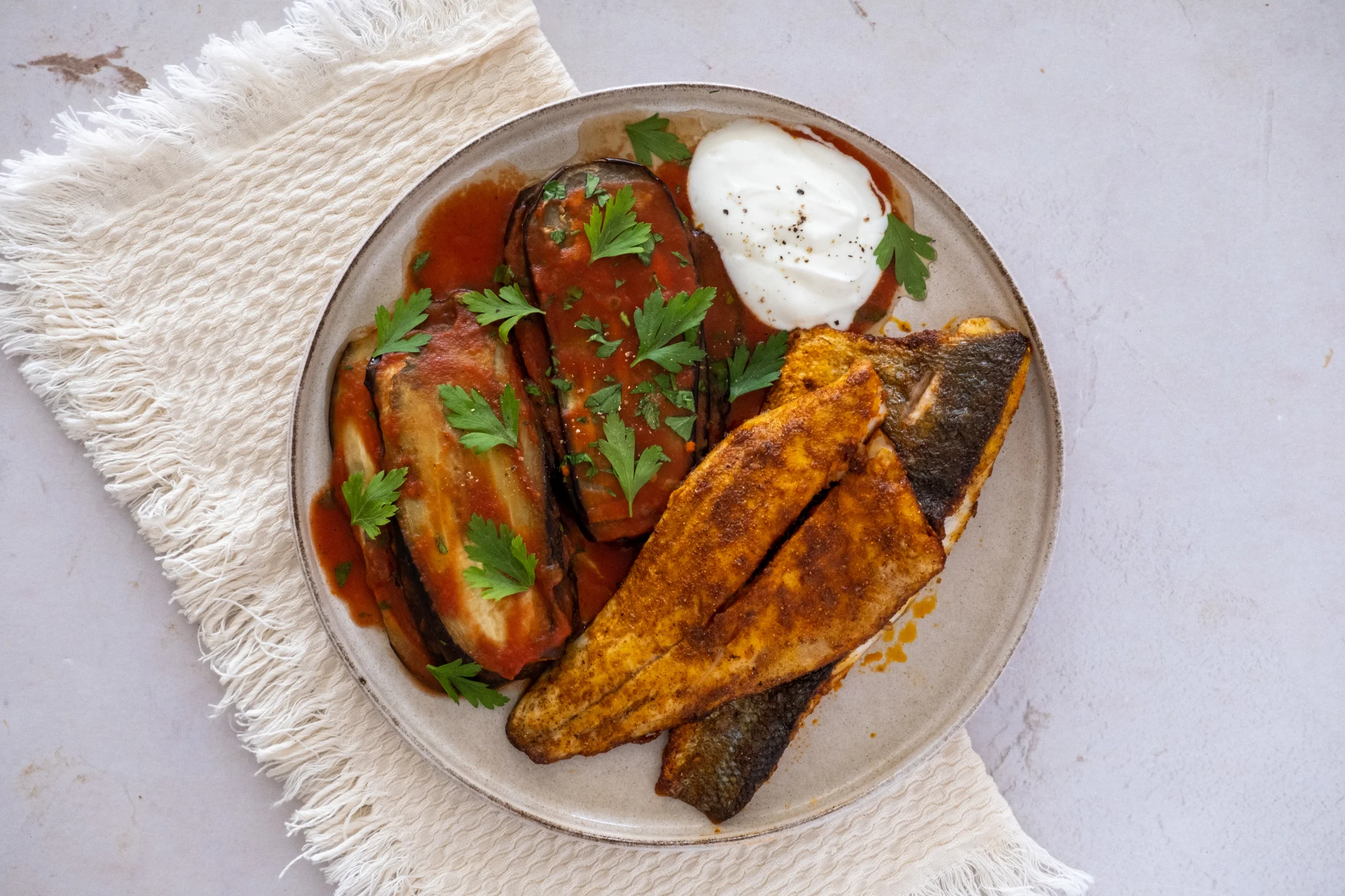 Middle Eastern Spiced Seabass with Baked Eggplants