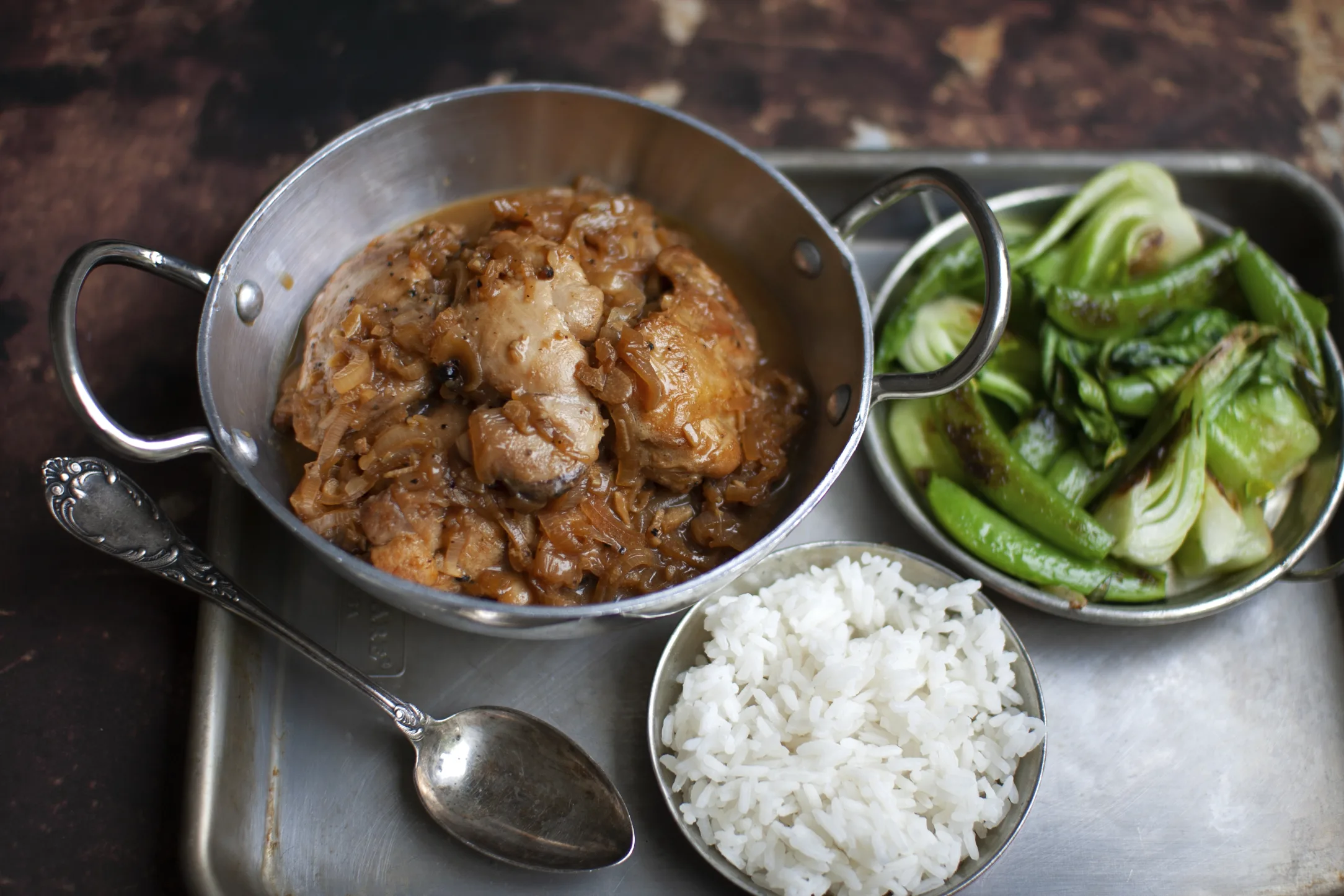 Adobo Chicken Thighs with Rice and Greens