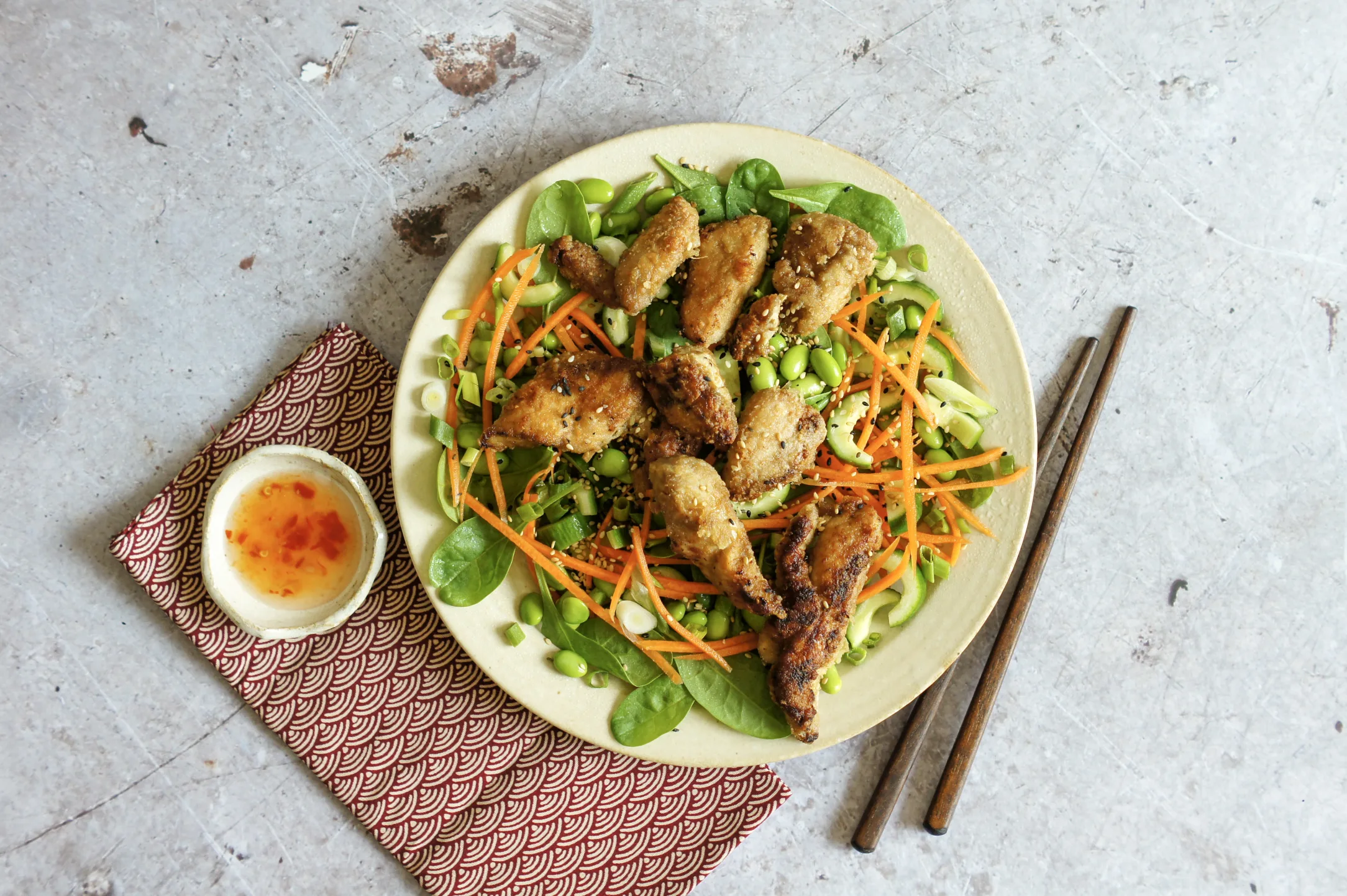 Chicken Karaage Salad with Edamame