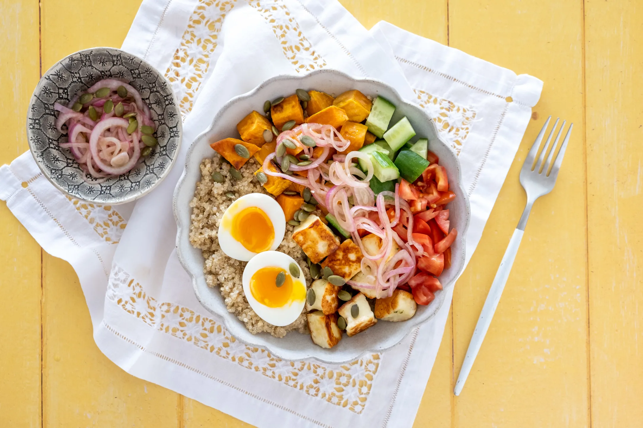 Sweet Potato Quinoa Summer Bowl with Halloumi and Eggs