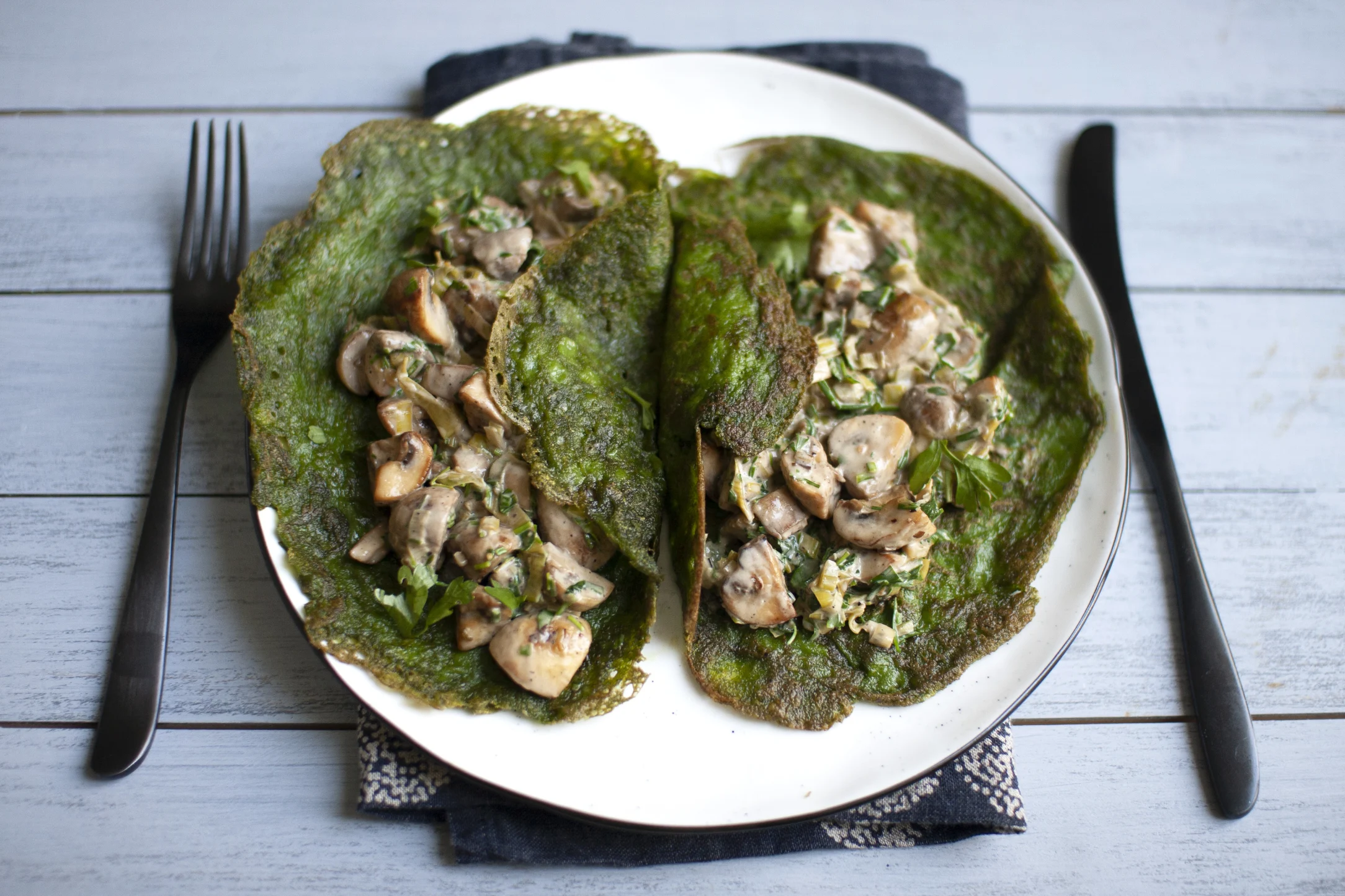 Vegan Spinach Pancakes with Creamy Mushrooms