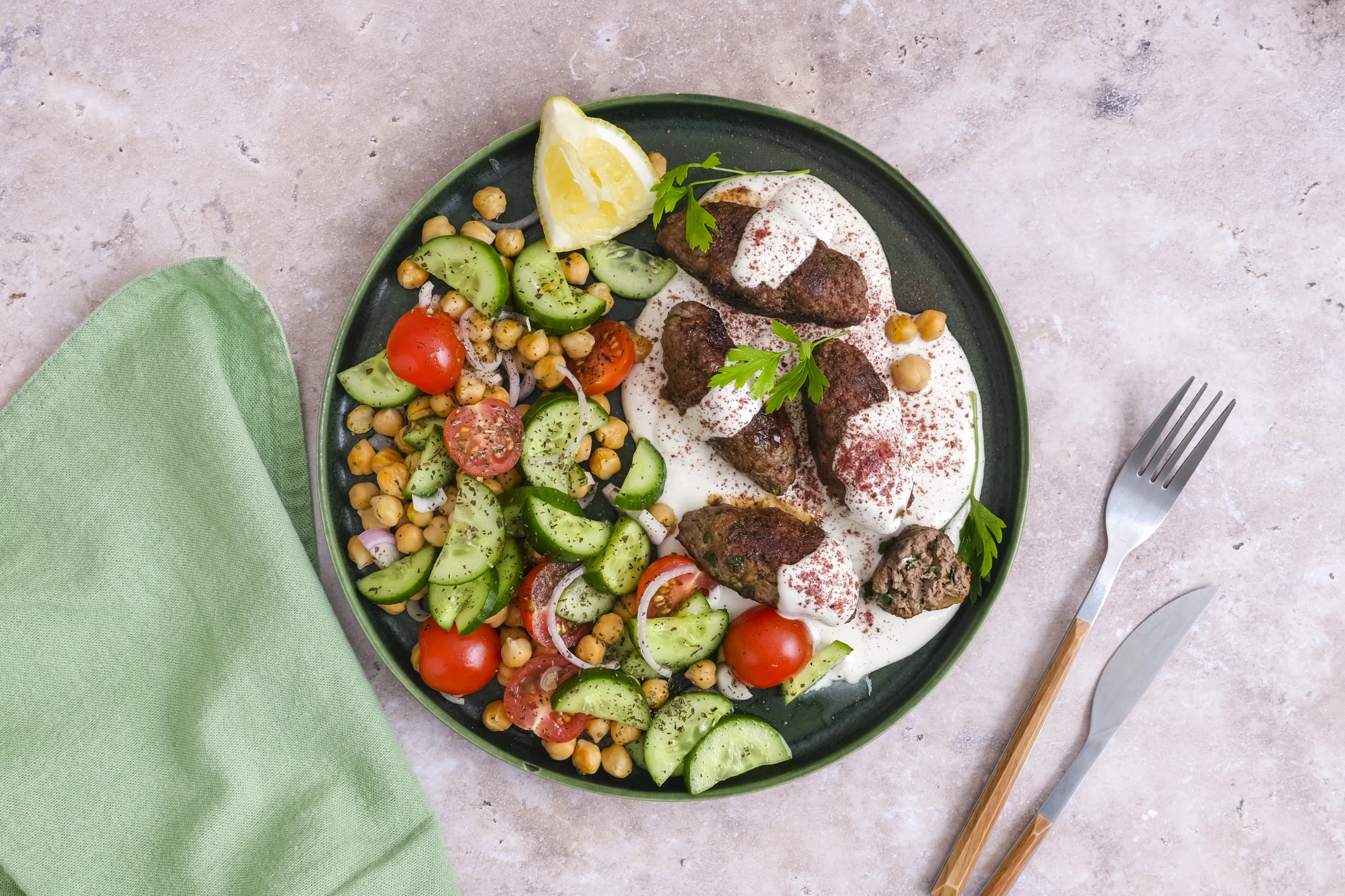 Lamb Kebabs with Tahini Yogurt and Chickpea Salad