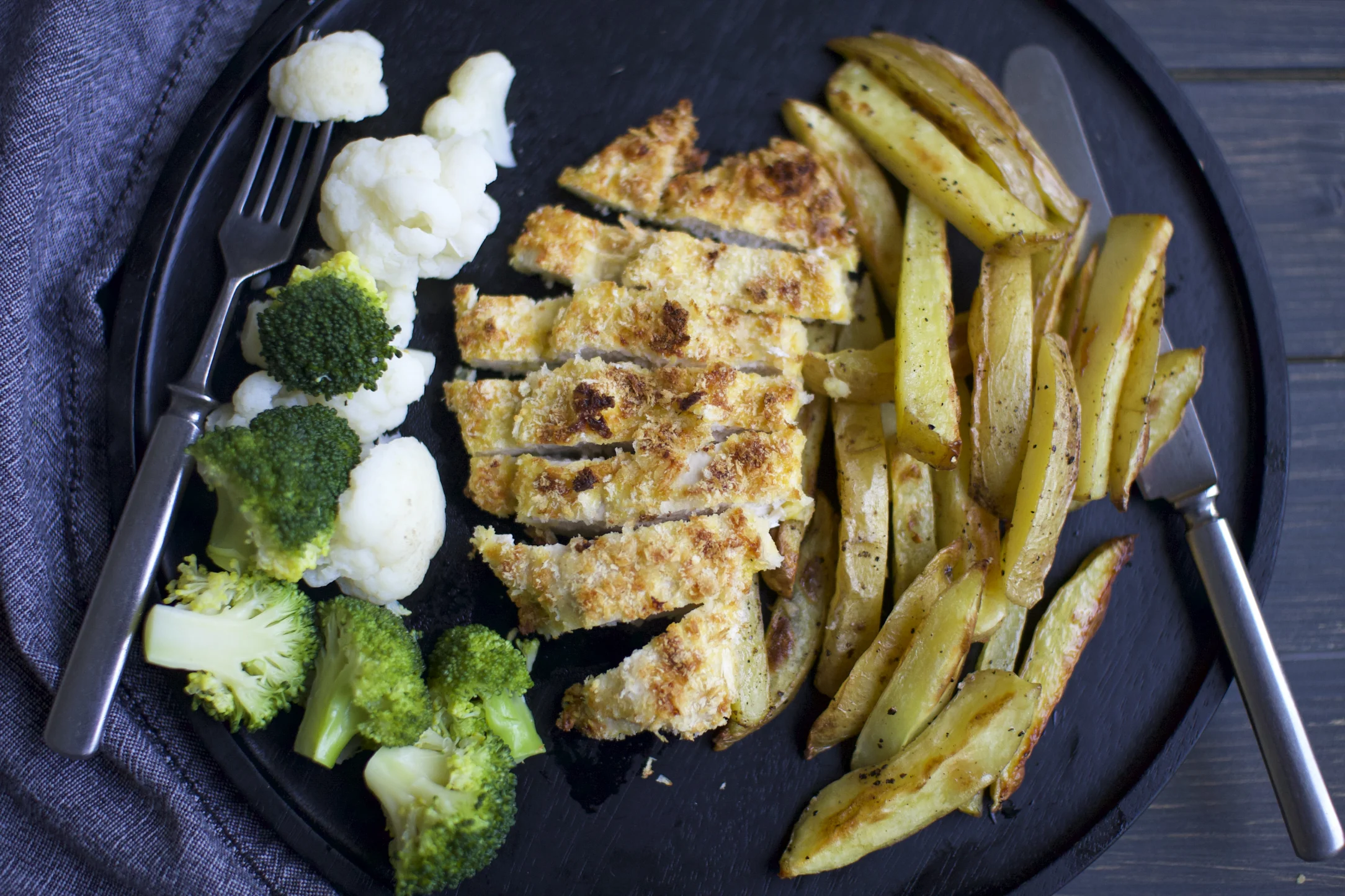 Parmesan Chicken with Roasted Potatoes, Cauliflower and Broccoli