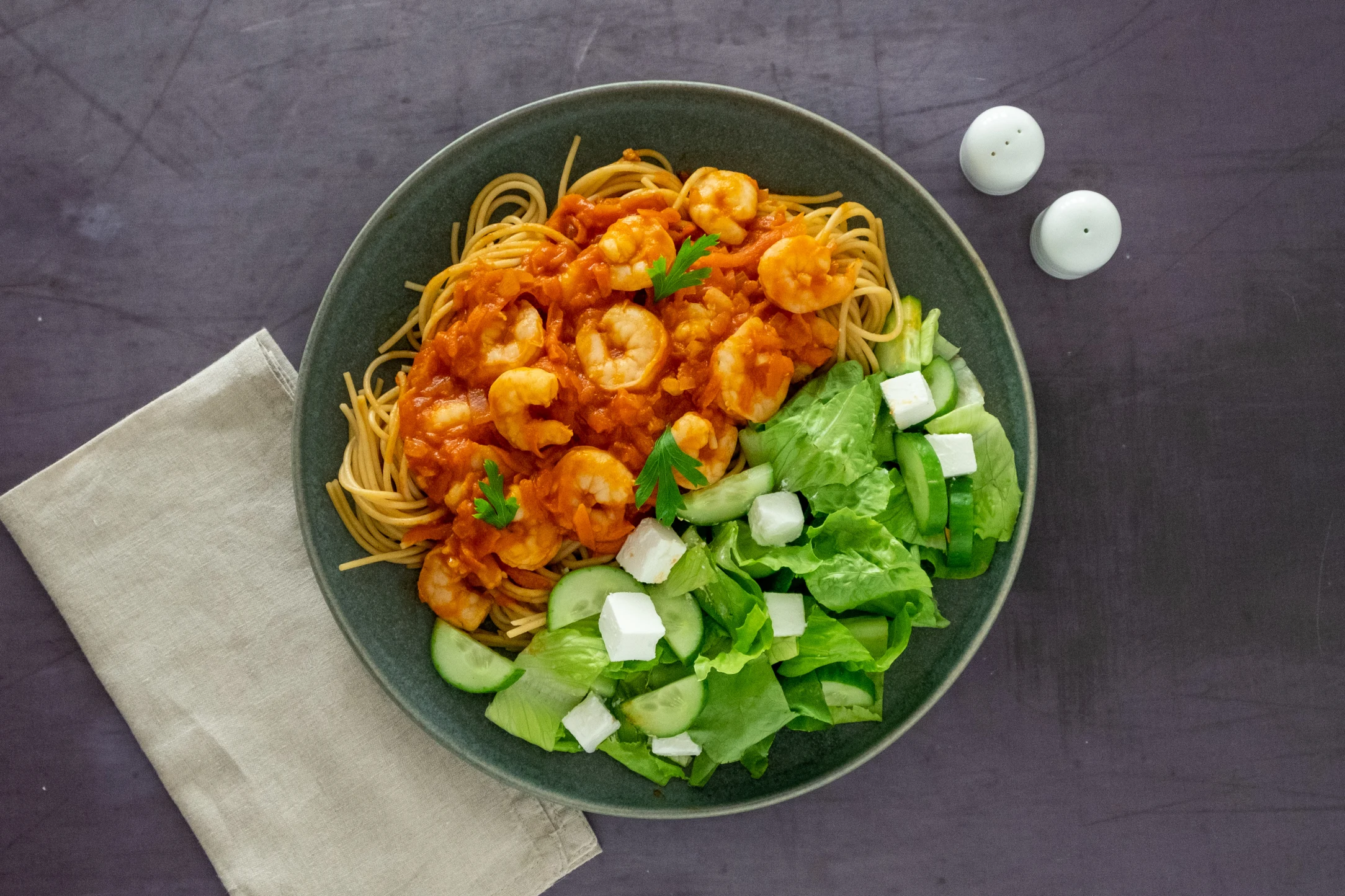 Tangy Tomato Prawn Wholewheat Pasta with Romaine and Feta Salad