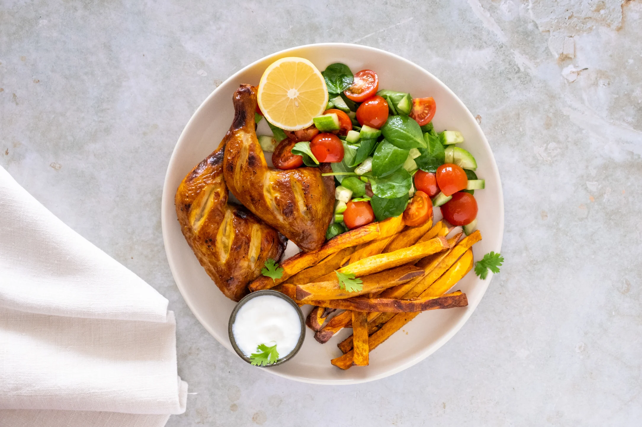 Saffron Spiced Chicken Leg with Masala Sweet Potato Fries