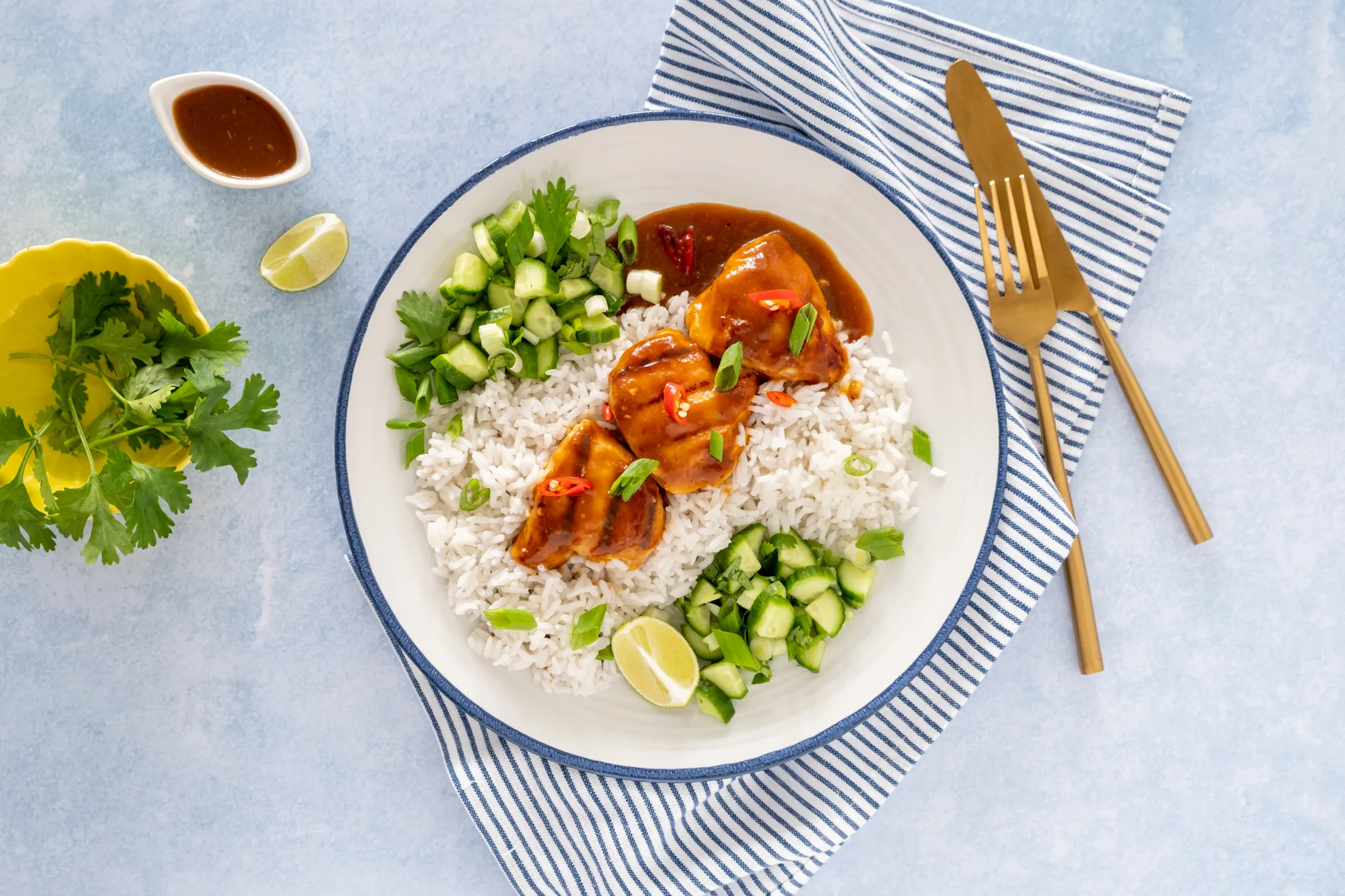 Hawaiian-inspired Huli Huli Chicken with Coconut Jasmine Rice and Cucumber Salad