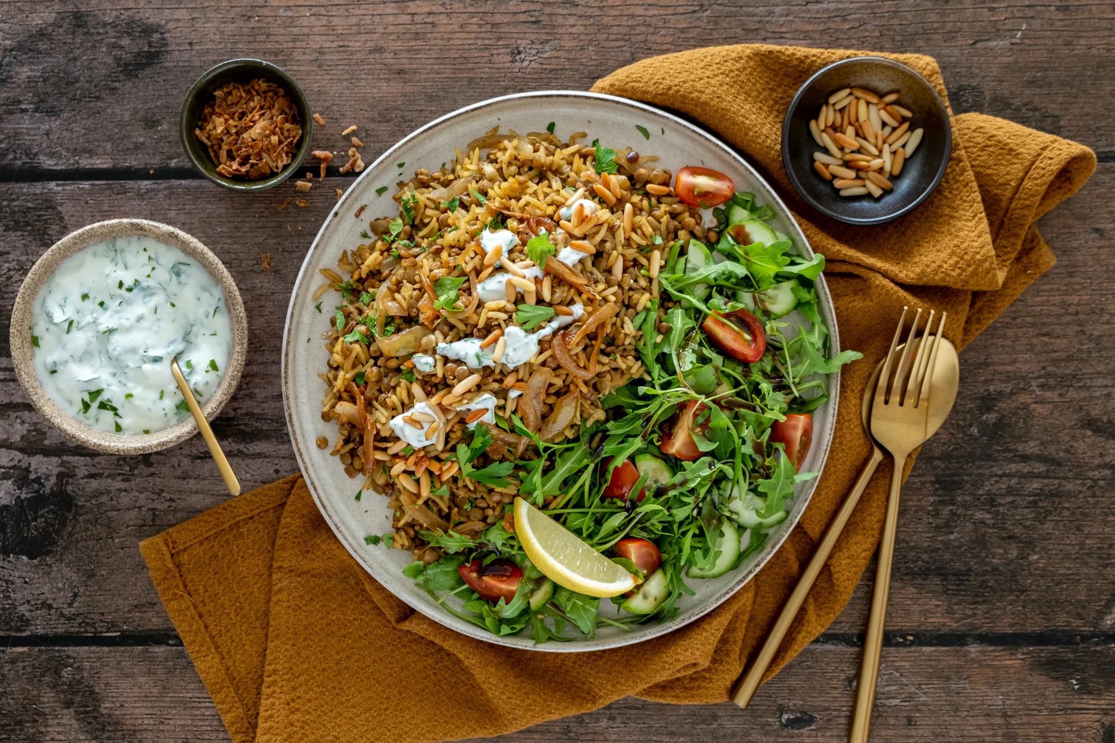Mujadara: Middle-Eastern Rice and Lentil Pilaf with Caramelised Onions and Garlic Yogurt Sauce