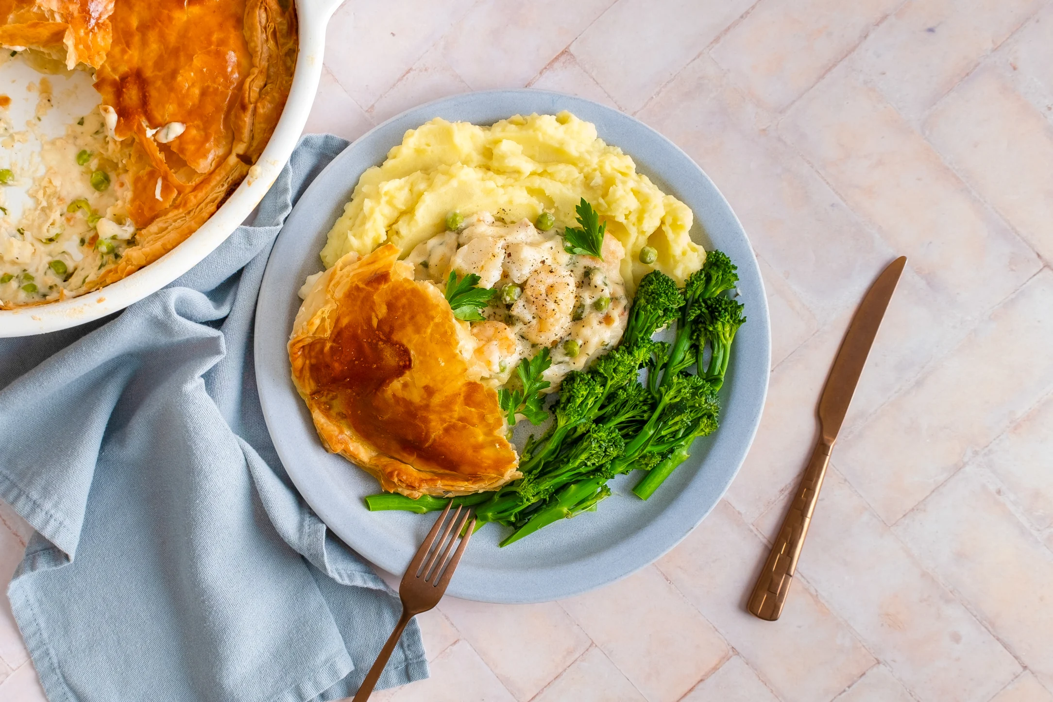 Creamy Fish Puff Pastry Pie with Mash and Tenderstem Broccoli