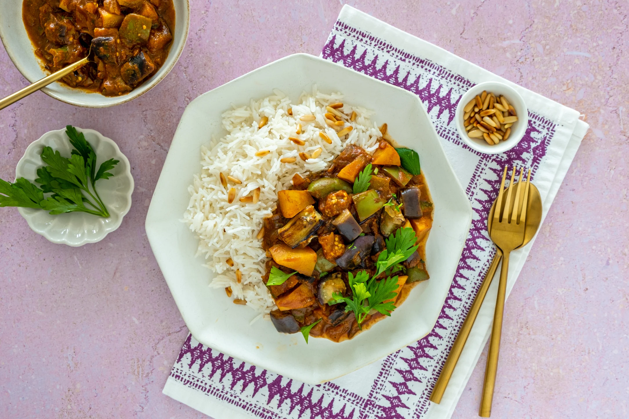 Middle-Eastern Eggplant and Potato Stew with Basmati Rice and Pine Nuts