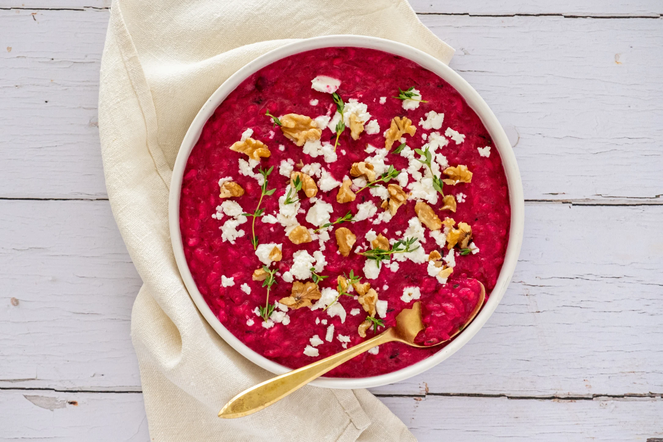 Creamy Cheese and Beetroot Risotto with Thyme and Walnuts