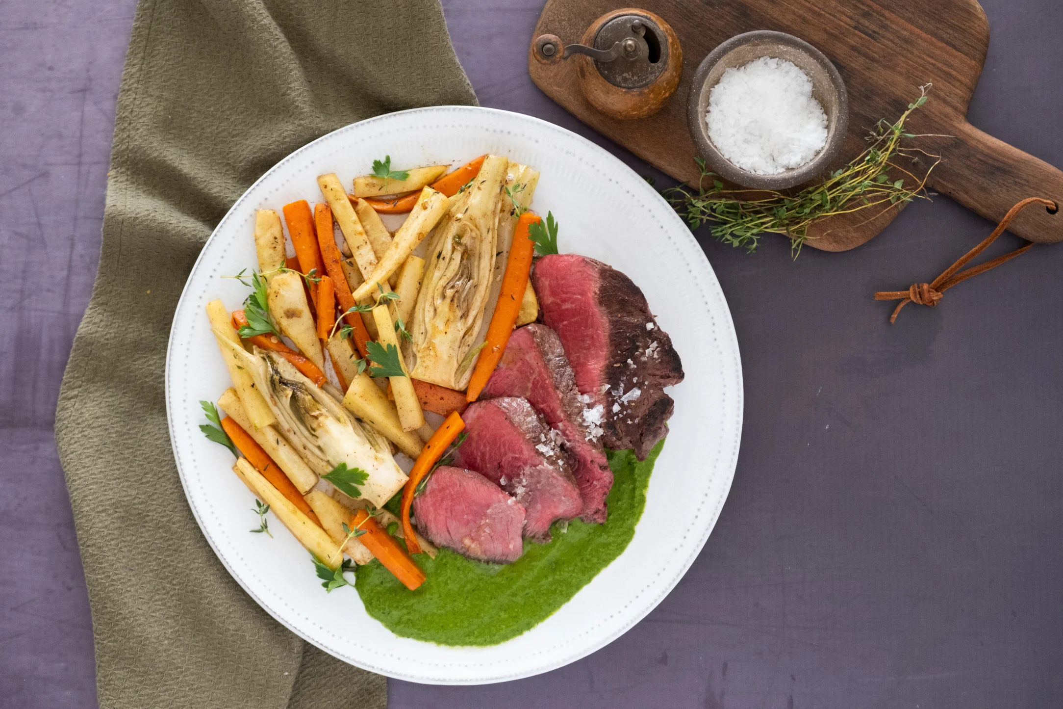 9 oz Fillet Steak with Root Vegetables in Brown Butter and Salsa Verde