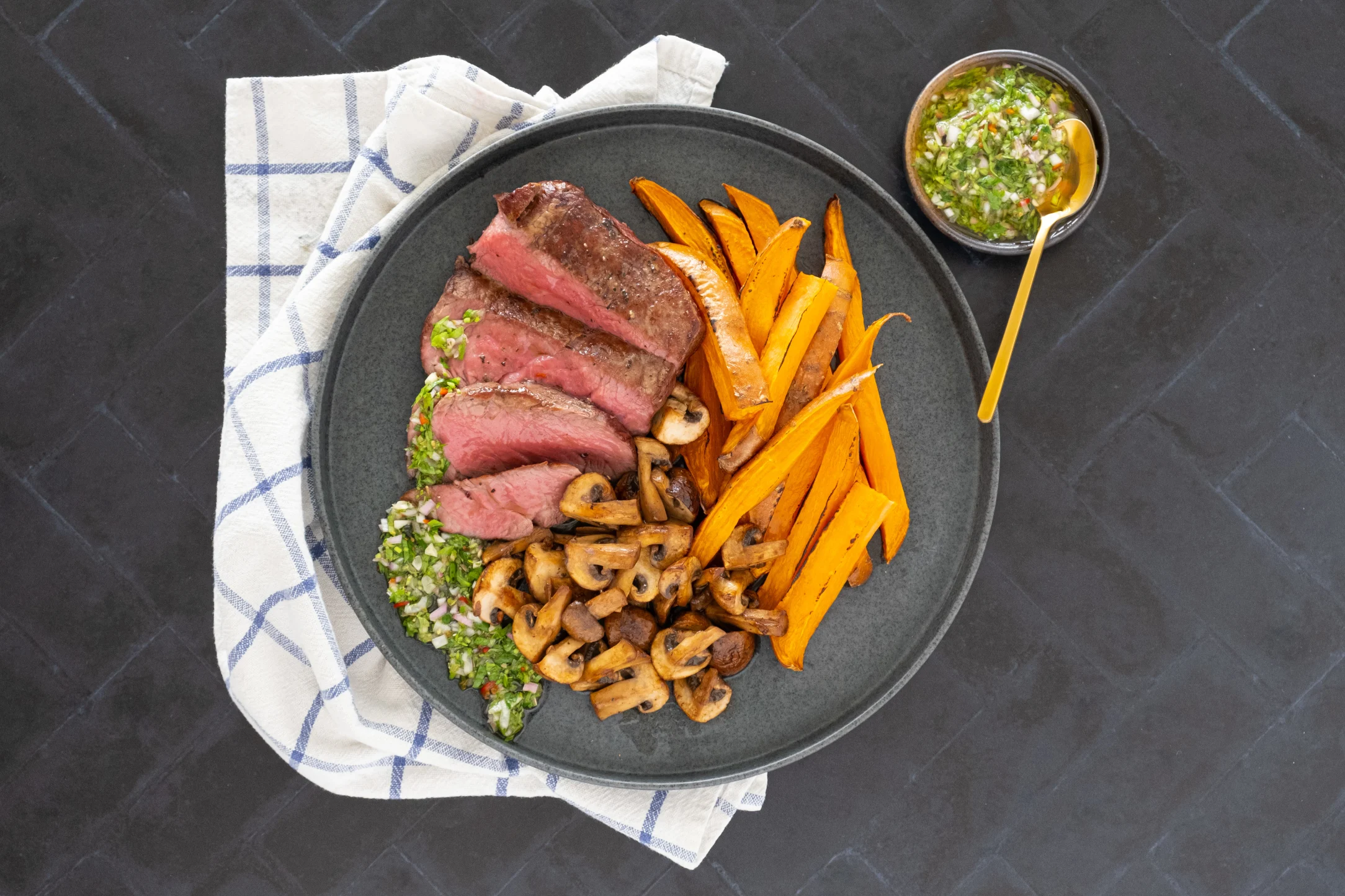 Tenderloin Fillet Steak with Chimichurri, Sweet Potato Chips and Buttered Mushrooms