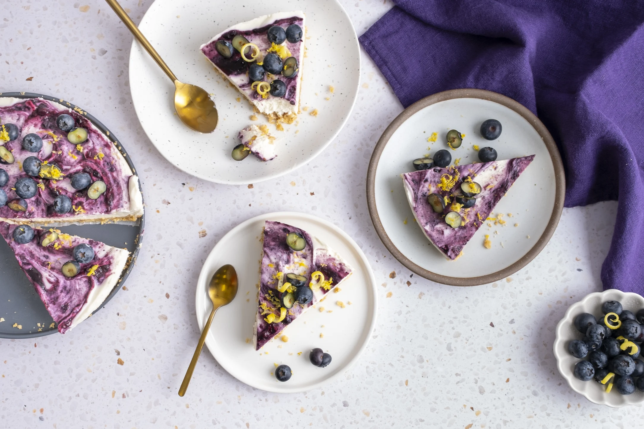 No-Bake Blueberry Cheesecake with Digestive Biscuit Crumb, Lemon Zest and Fresh Blueberries