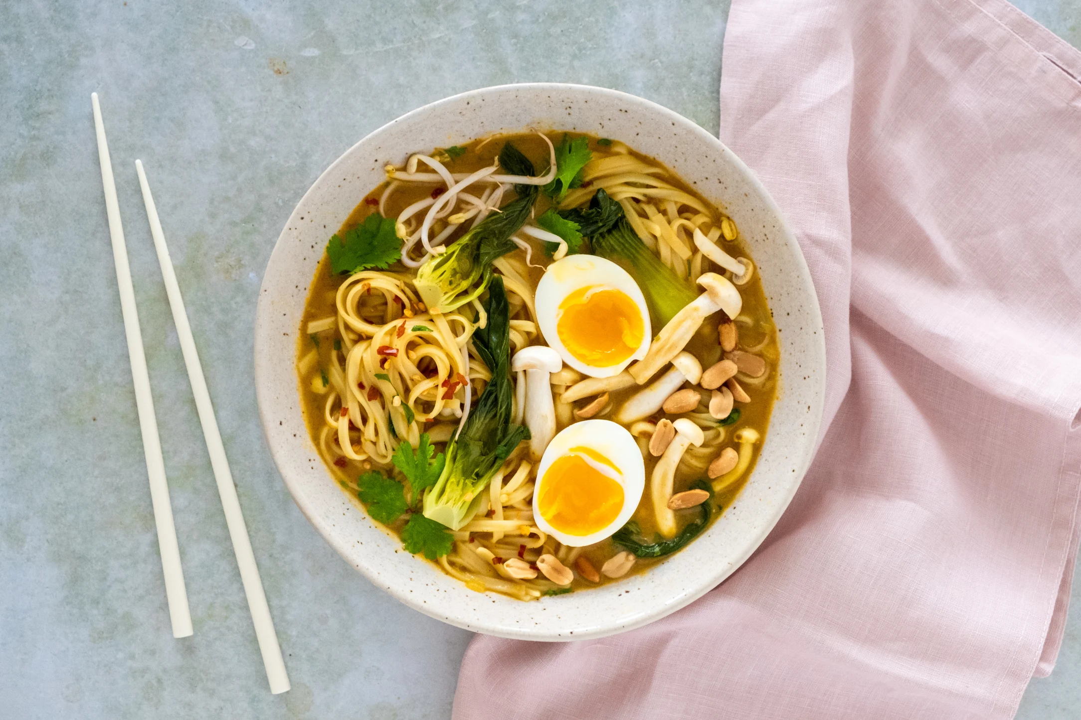 Shimeji Laksa with Rice Noodles, Pak Choi and Eggs