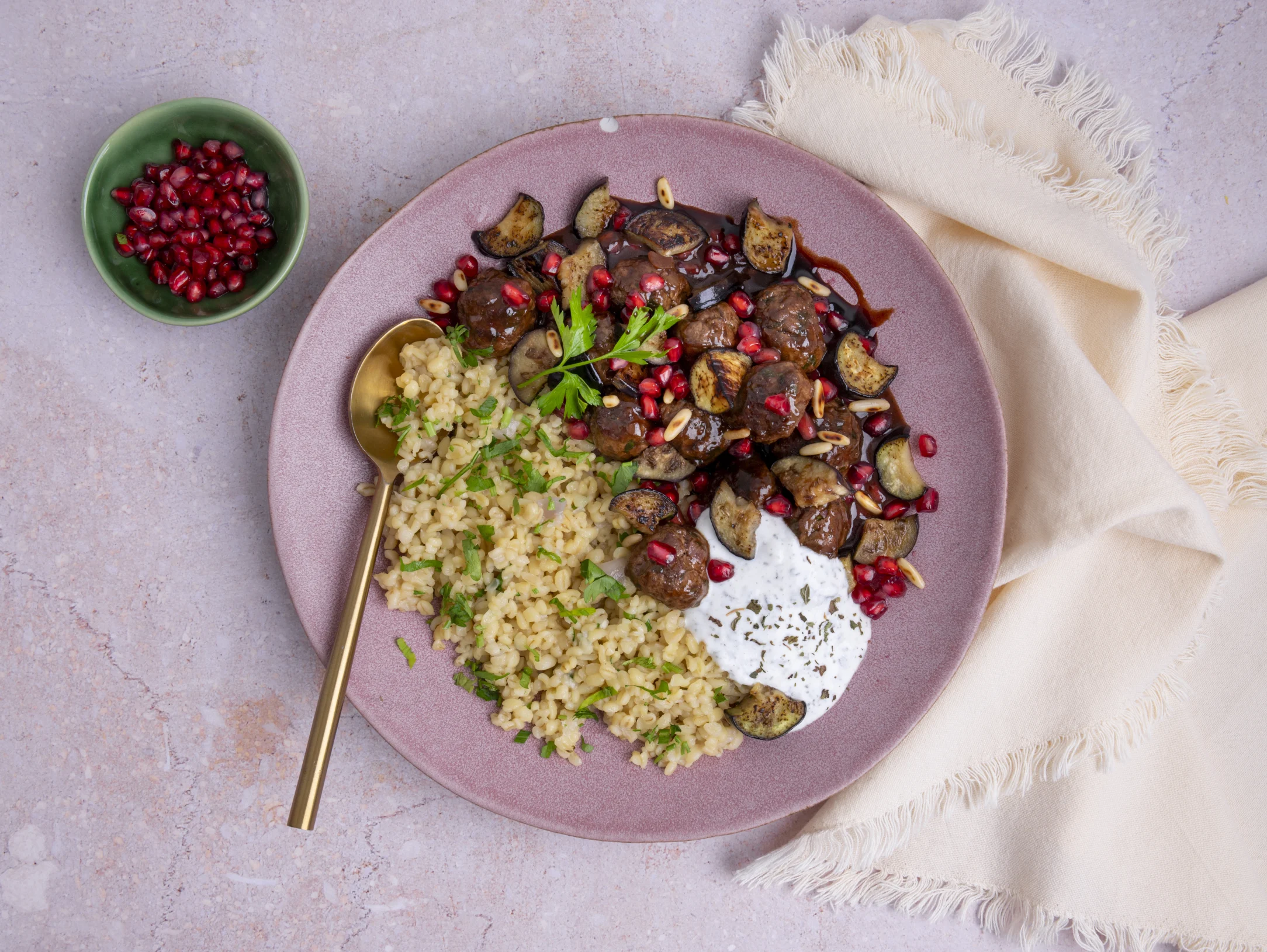 Turkish Lamb Meatballs and Eggplant in Pomegranate Sauce with Bulgur Pilaf and Mint Yogurt