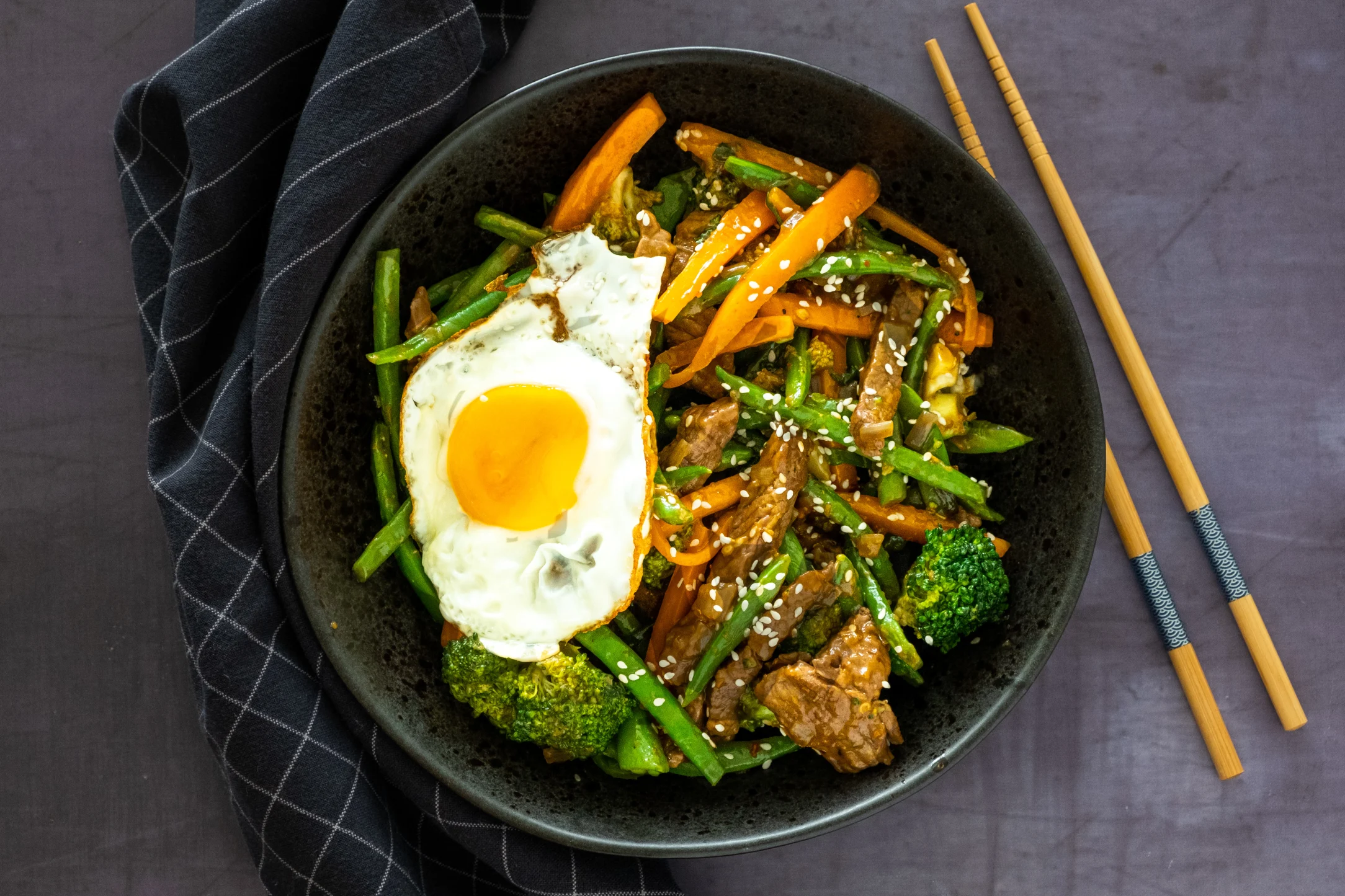 Korean Beef and Vegetable Stir-fry with Fried Eggs