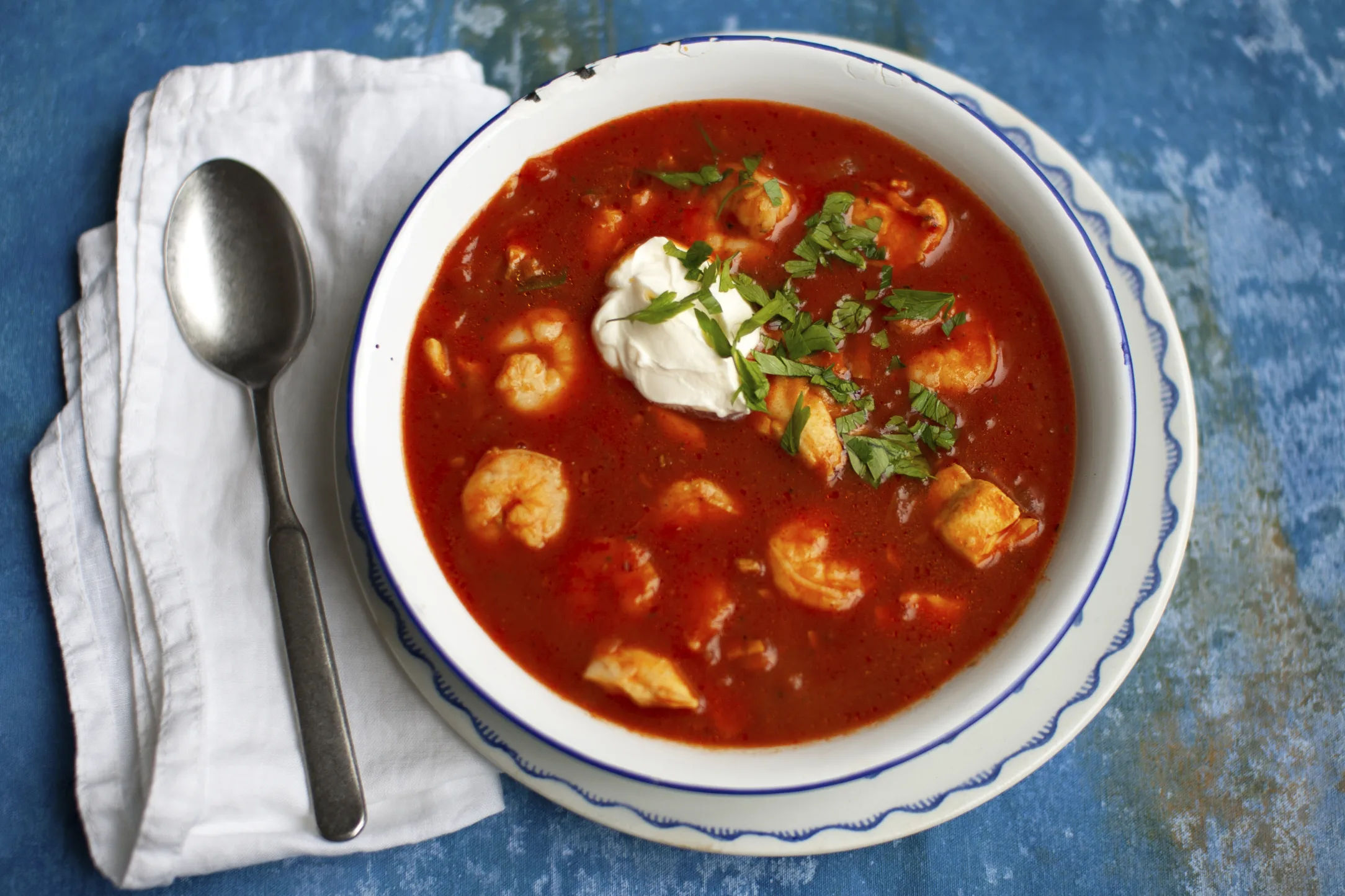 Prawn and Cod Bouillabaisse Soup with Garlic Cream