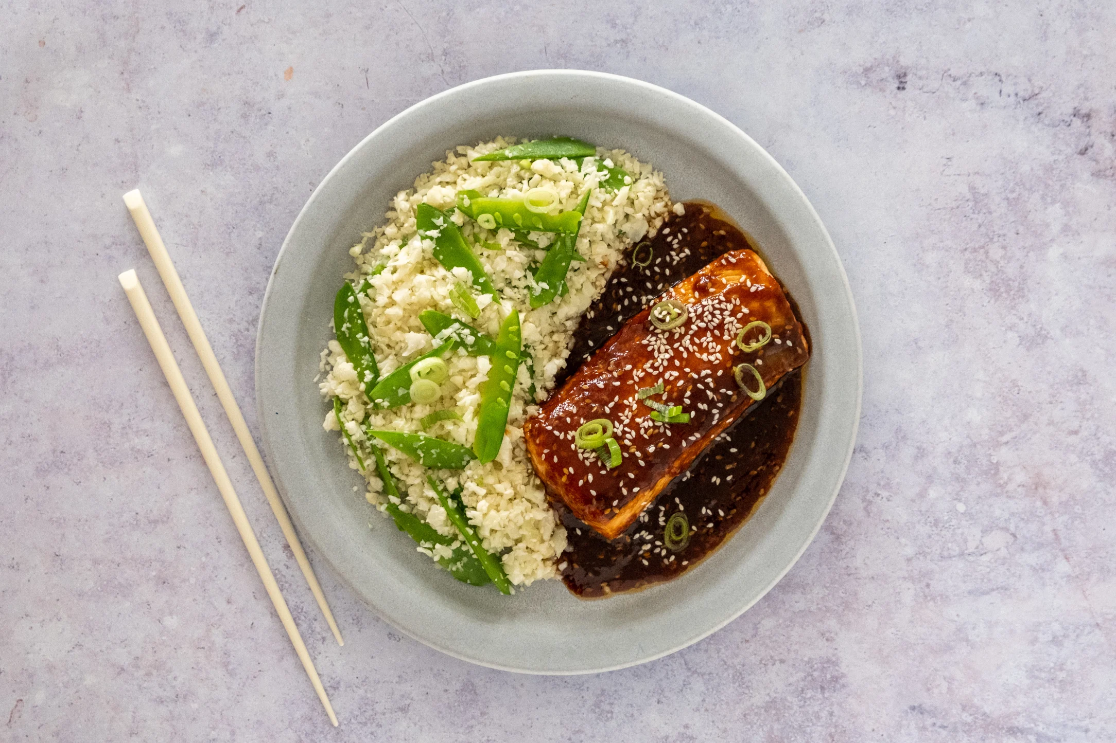 Salmon Teriyaki with Snow Pea Cauliflower Rice
