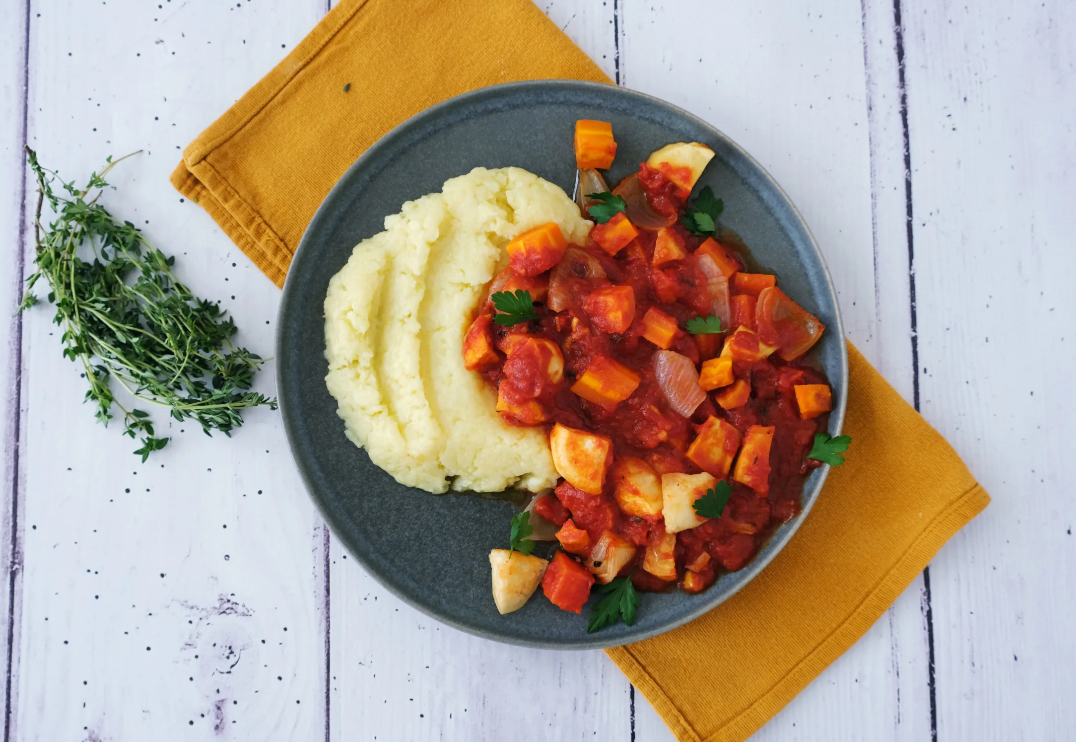 Roasted Root Vegetable Stew with Mashed Potatoes