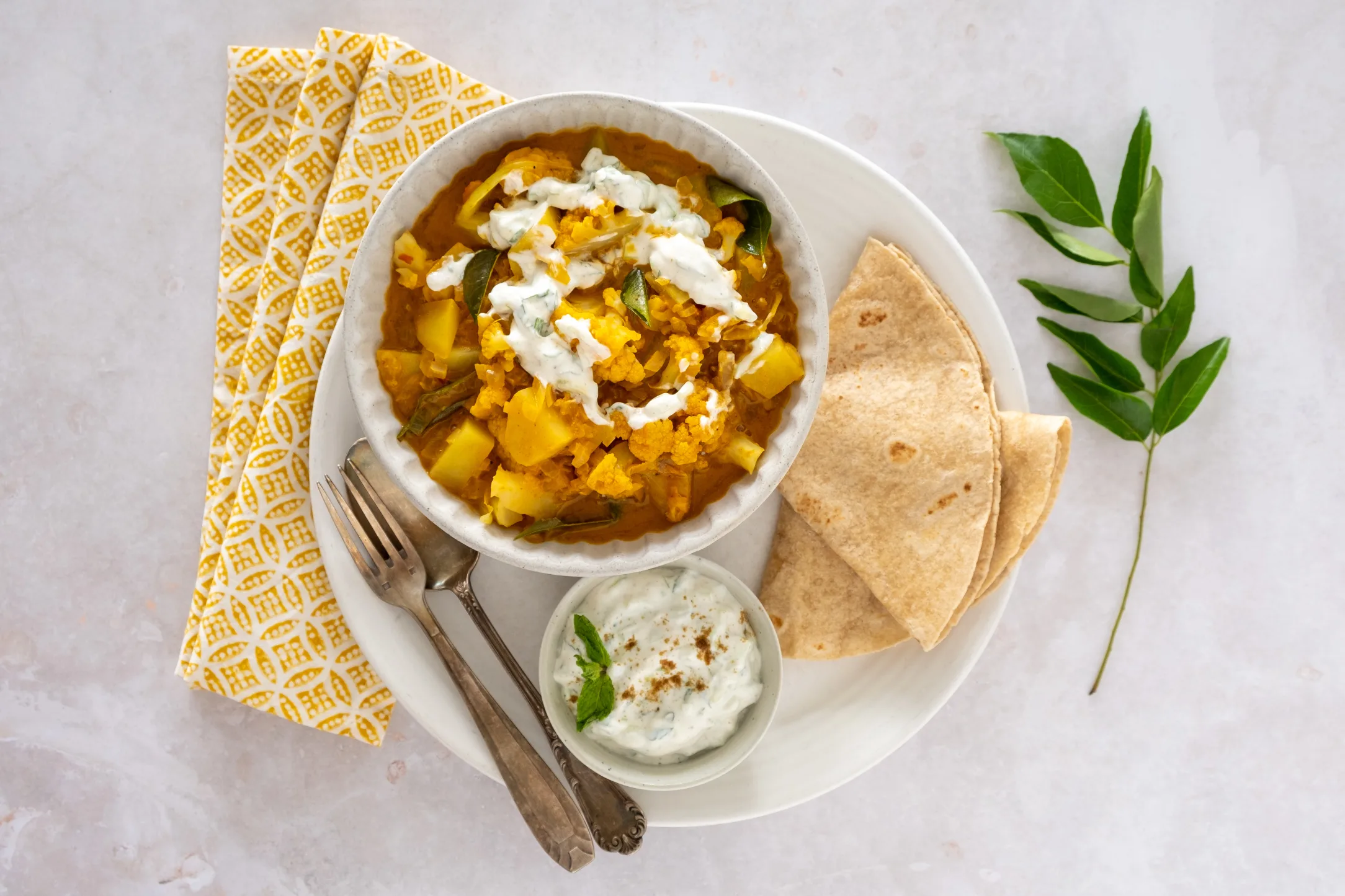 Aloo Gobi Potato Cauliflower Curry with Chapati and Raita