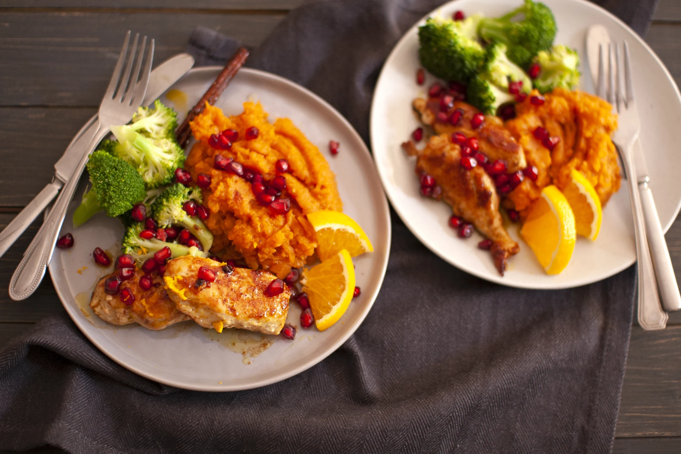 Chicken in Orange Cinnamon Sauce with Sweet Potato Mash and Pomegranate Seeds