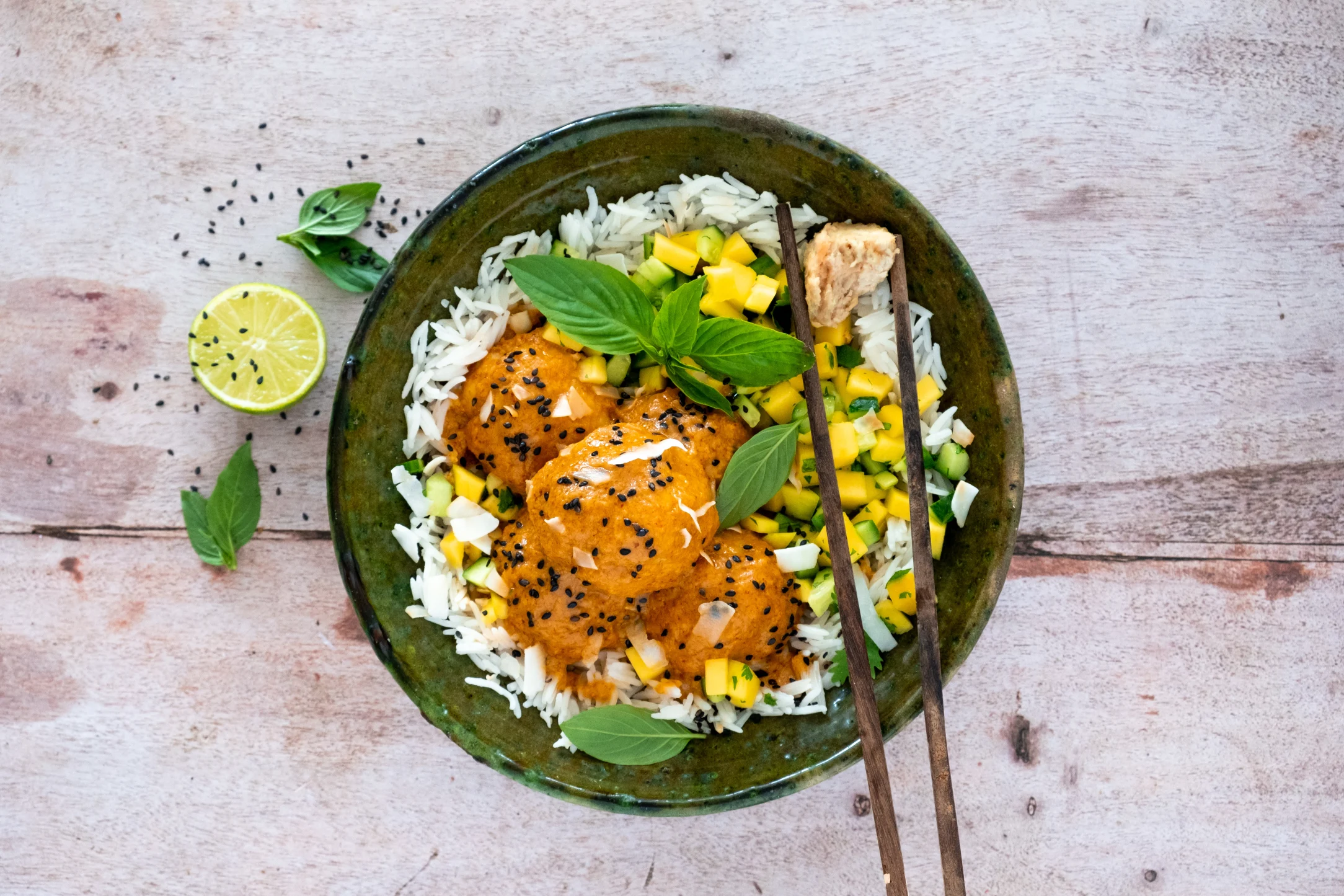 Coconut Chicken Meatball Curry with Mango and Rice