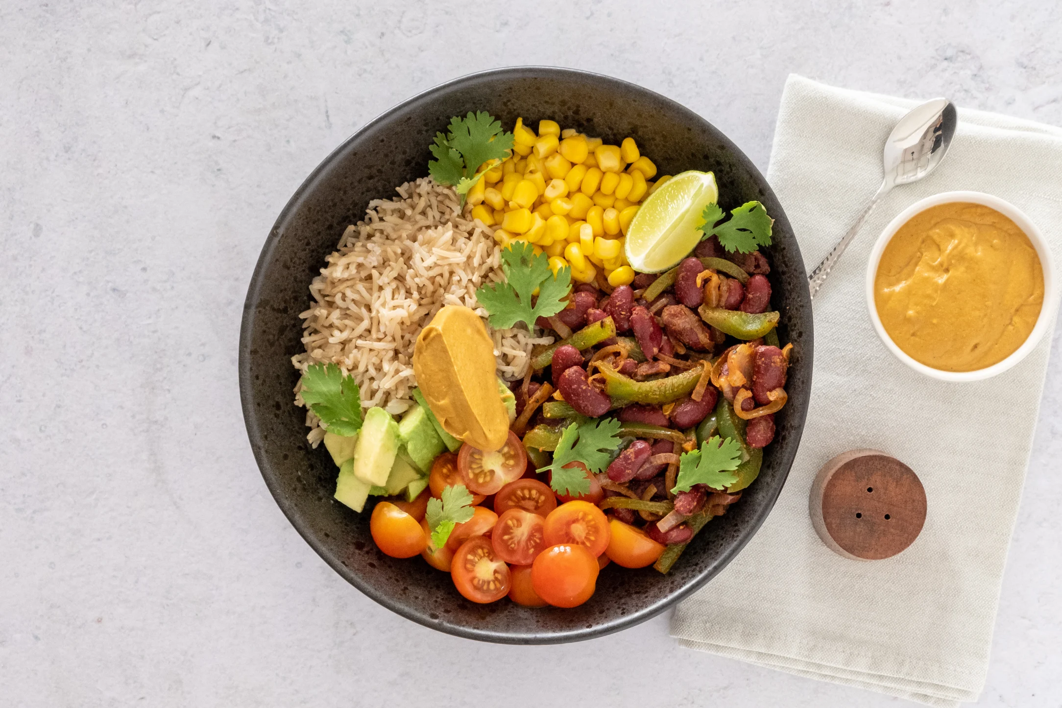 Fajita Burrito Bowl with Tangy Avocado Dressing