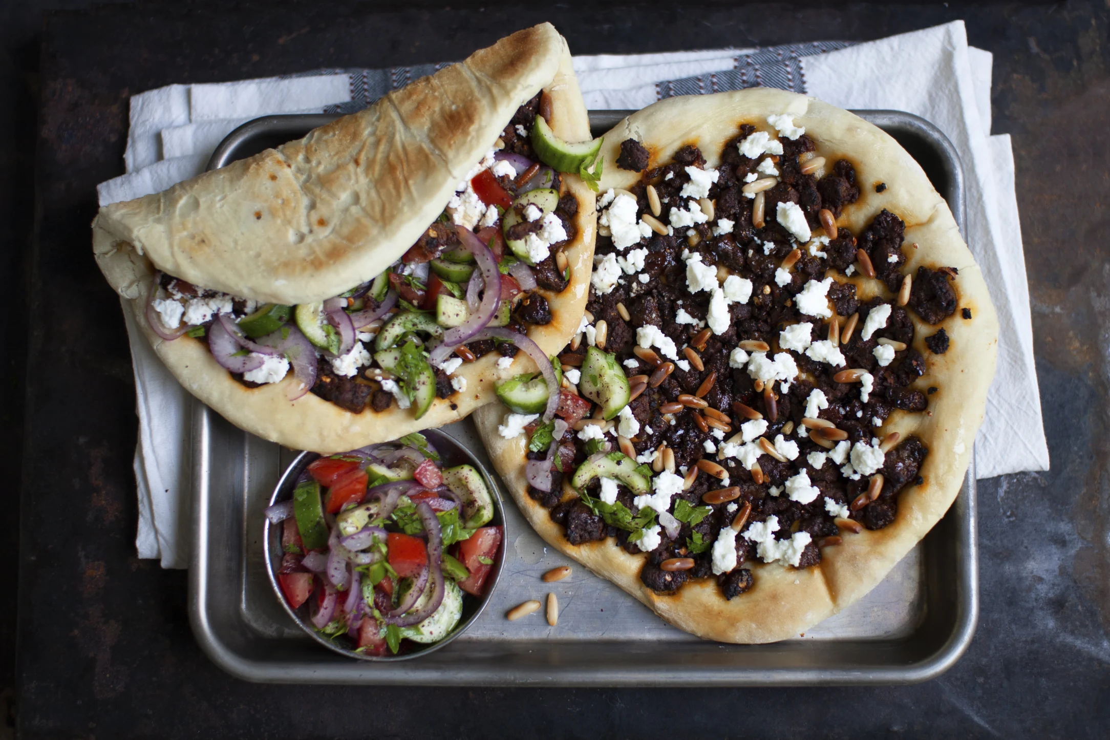 Arabic Lamb Pizza with Pine Nuts, Feta and Fresh Salad
